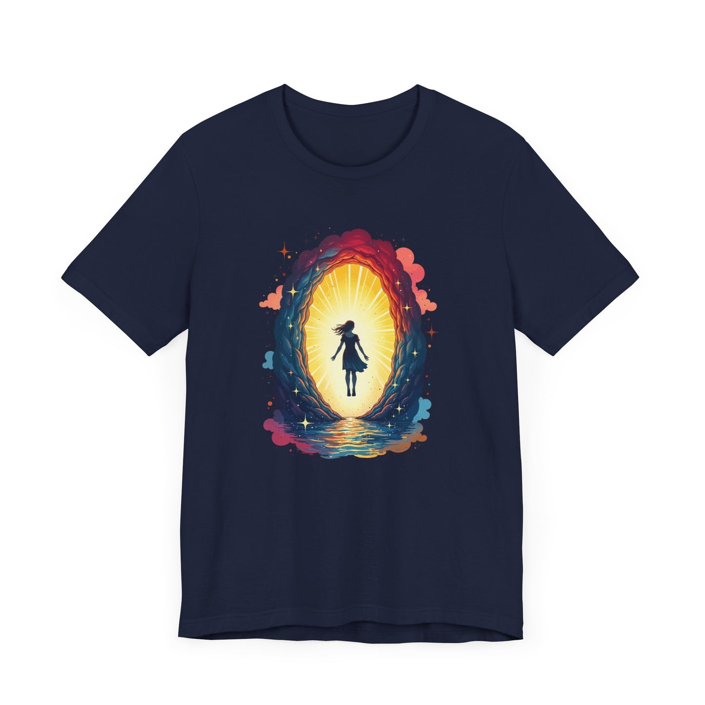 Interdimensional Chill – Floating Woman in Cosmic Portal Graphic T-Shirt