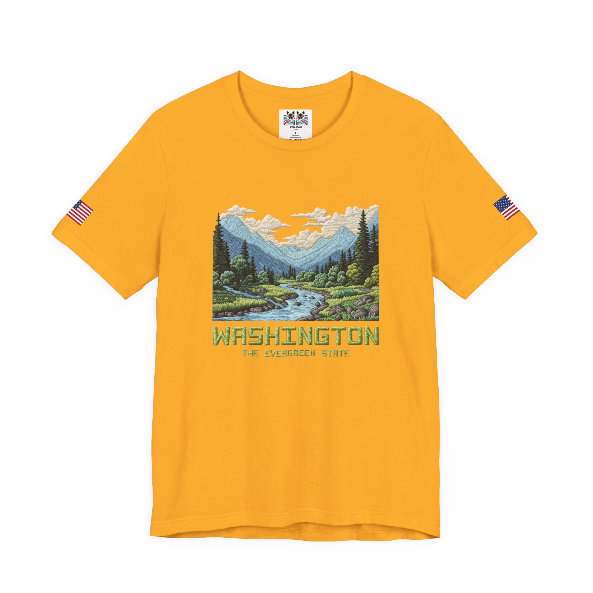 Washington The Evergreen State Embroidery-Style Mountain River Graphic T-Shirt | Pacific Northwest Nature Tee | WA Souvenir