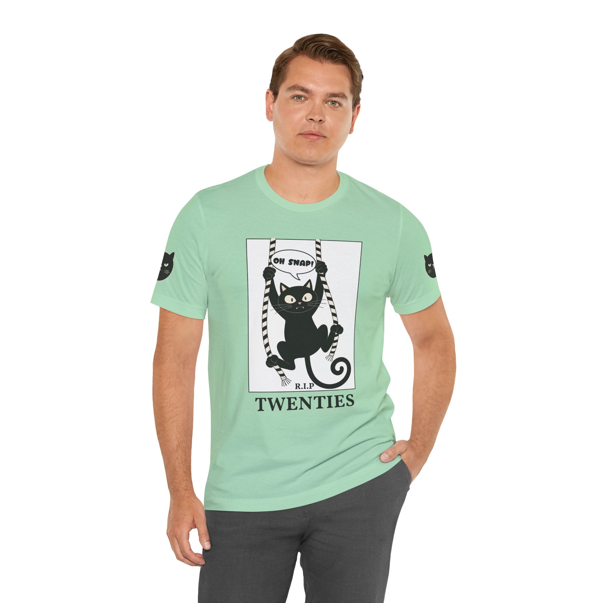 Custom T-Shirt - Oh Snap Funny Cat T-Shirt – Cat Hanging from Blinds Mischievous Kitten Humor Graphic Tee