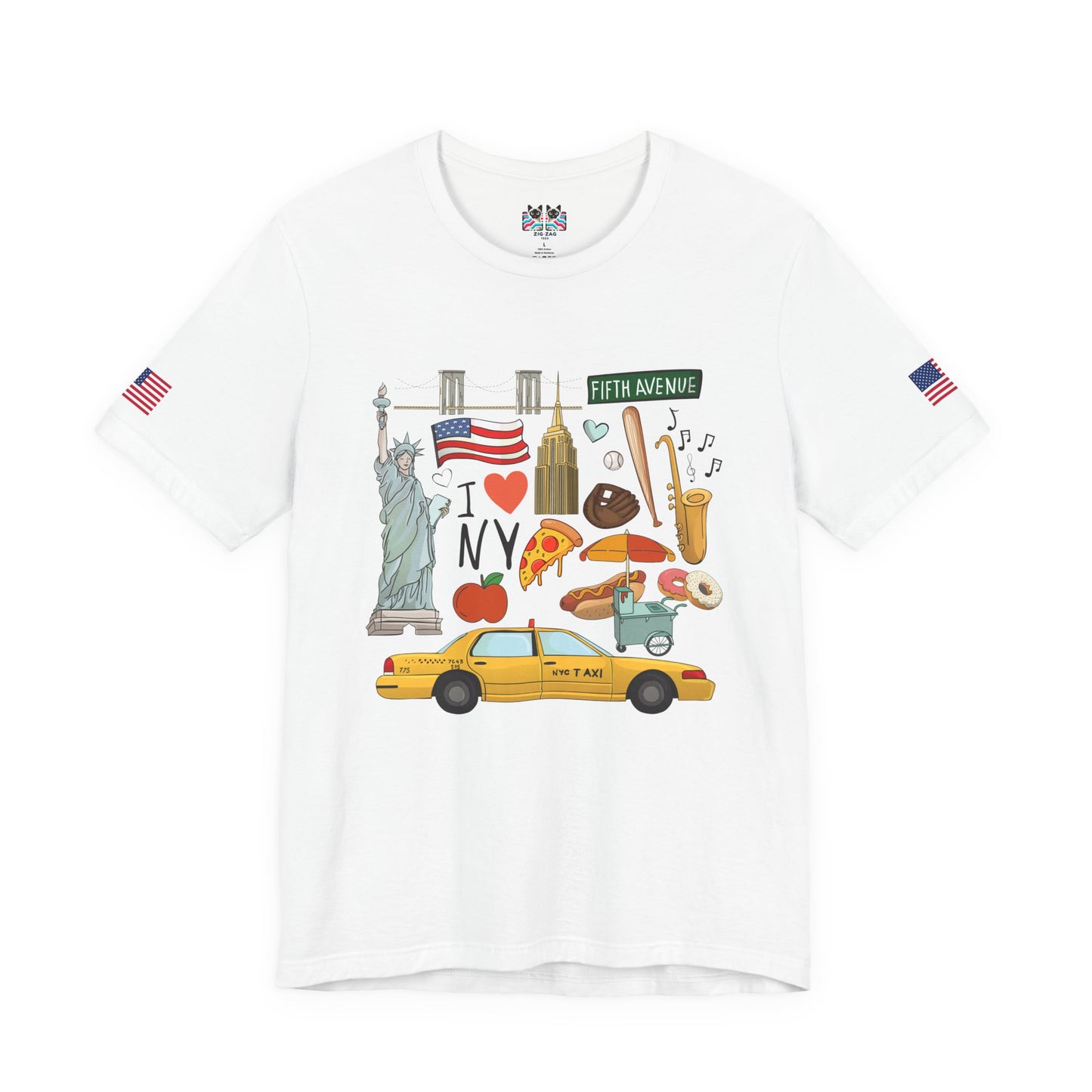 I Love NY T-Shirt - New York City Icons Graphic Tee with Statue of Liberty, Taxi & Food