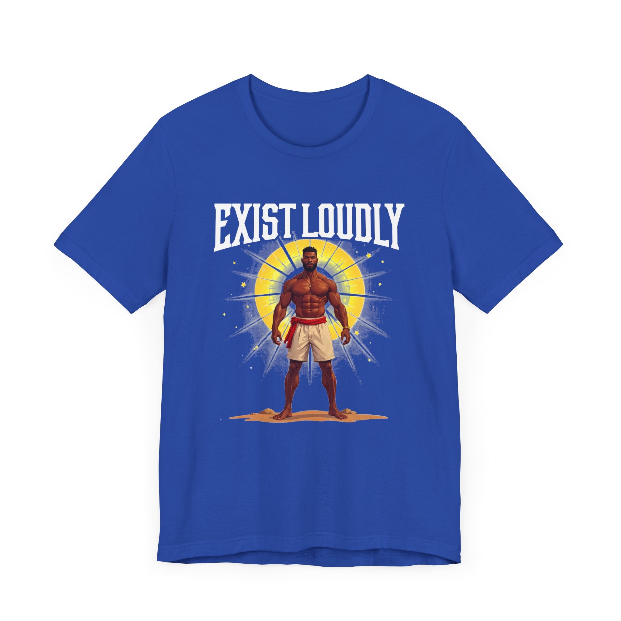 Exist Loudly – Strong Muscular Man with Red Belt & Glowing Light Graphic T-Shirt