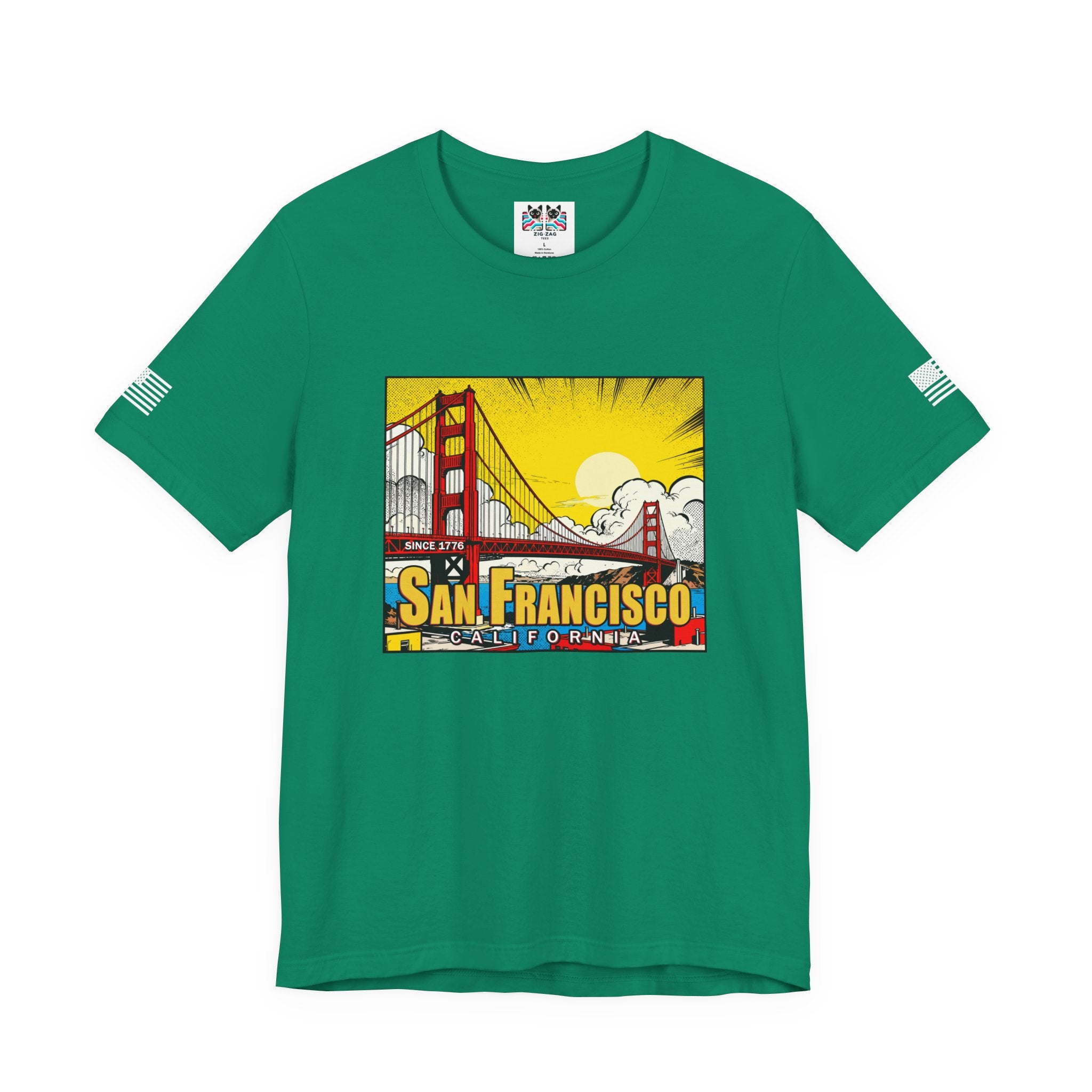 San Francisco California Comic Style T-Shirt – Golden Gate Bridge Pop Art Graphic Tee Since 1776