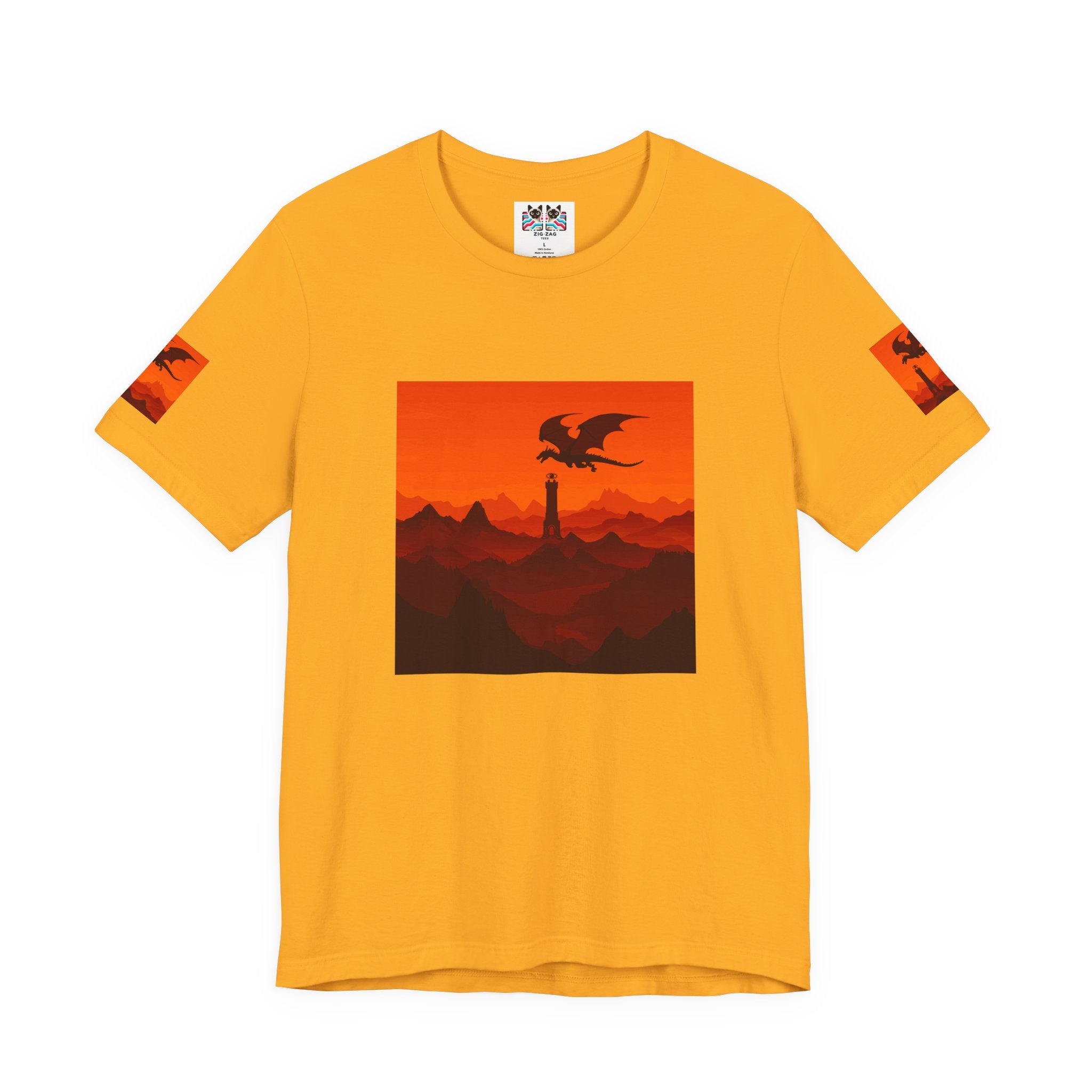 Dragon Sunset T-Shirt – Silhouette Flying Dragon Mountain Landscape Fantasy Graphic Tee