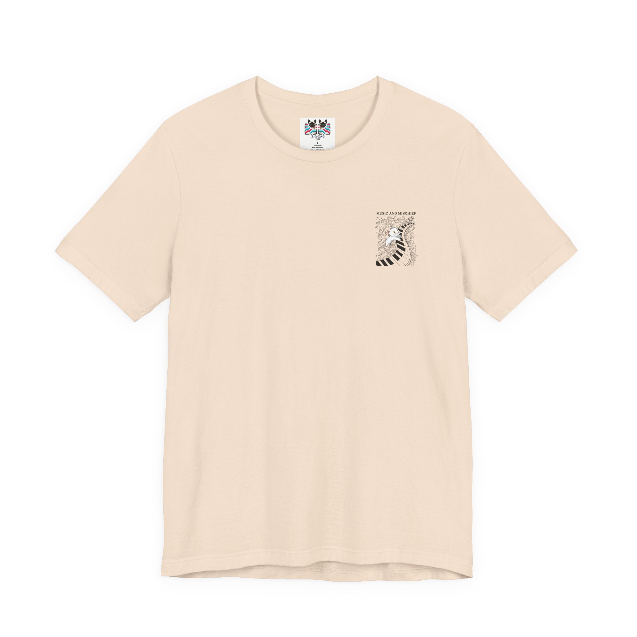 Music and Mischief T-Shirt – Piano and Playful Cat Graphic