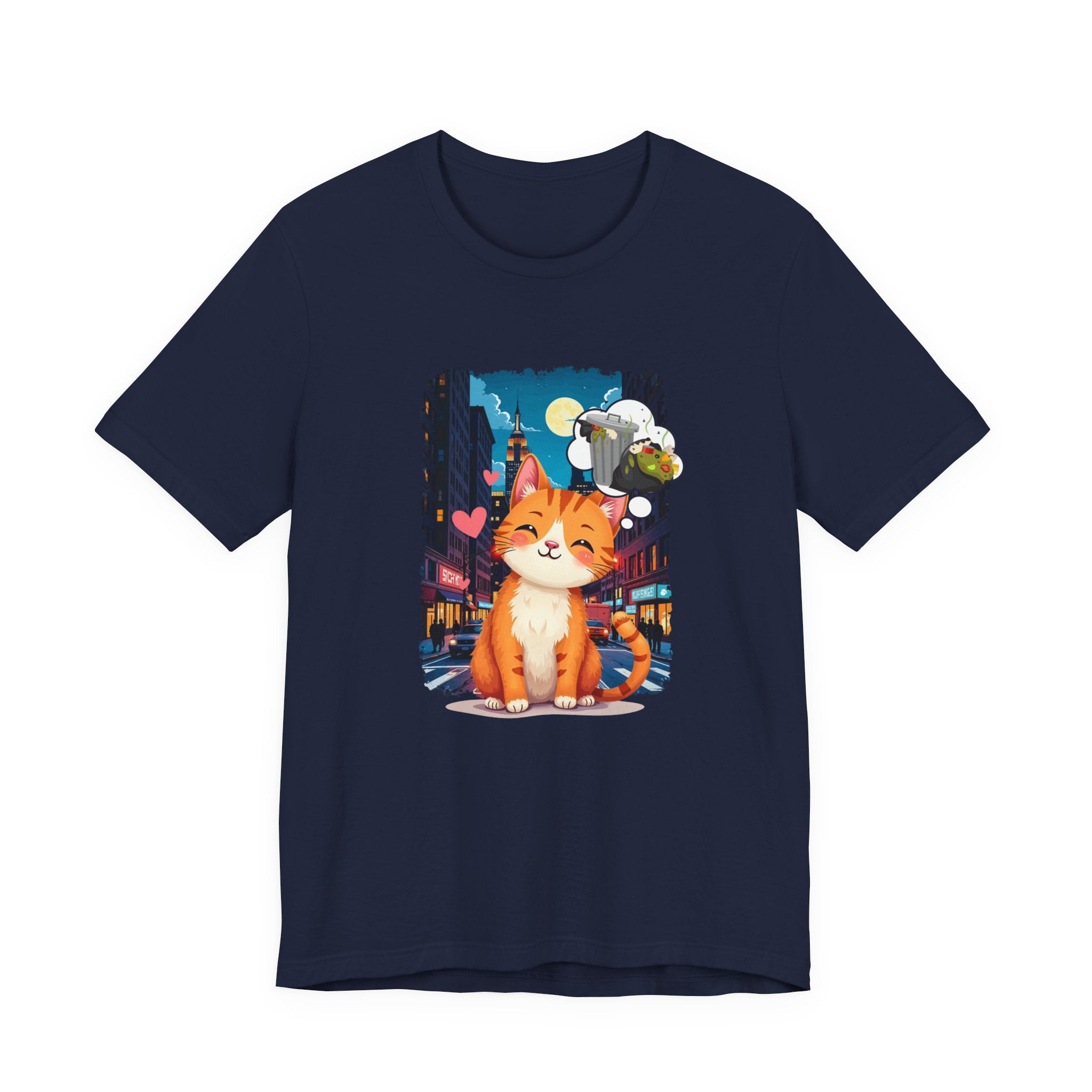 City Cat Dreams – Happy Orange Cat with Urban Garbage Thought Bubble Graphic T-Shirt