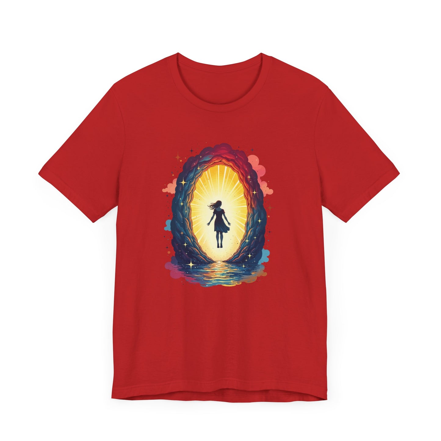 Interdimensional Chill – Floating Woman in Cosmic Portal Graphic T-Shirt