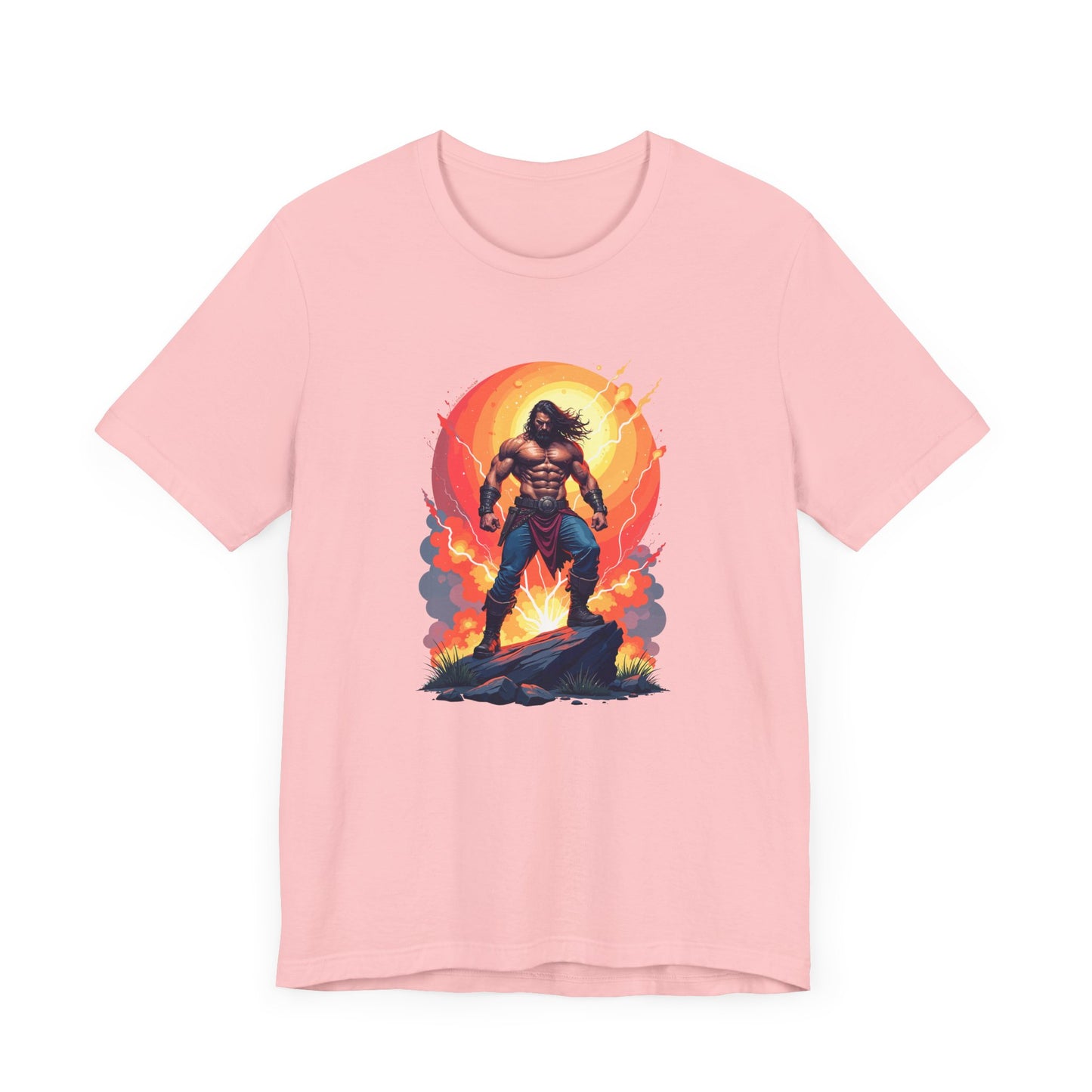Power Unleashed – Strong Man on Rock with Lightning, Smoke & Fire Splash Graphic T-Shirt