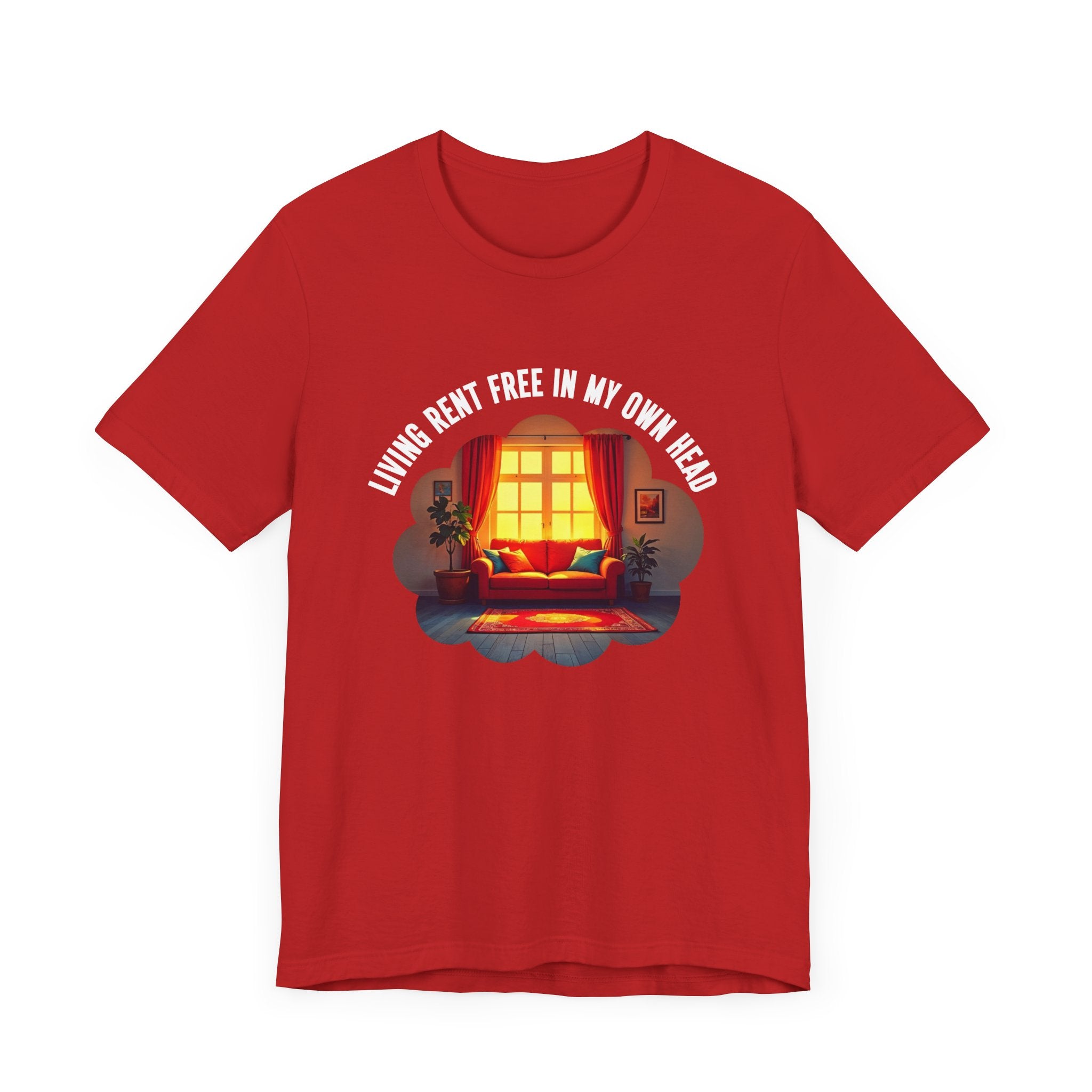 Living Rent Free in My Own Head – Cozy Living Room with Sofa & Sunlit Window Graphic T-Shirt