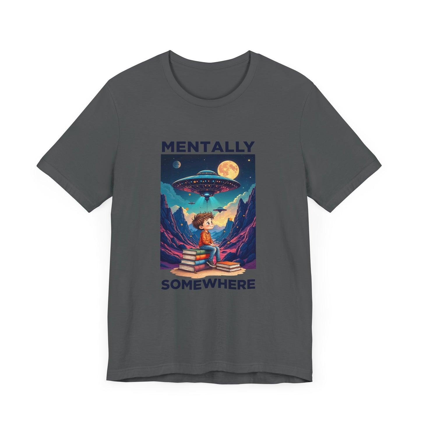 Mentally Somewhere Else – Boy on Books with Space Scene Graphic T-Shirt