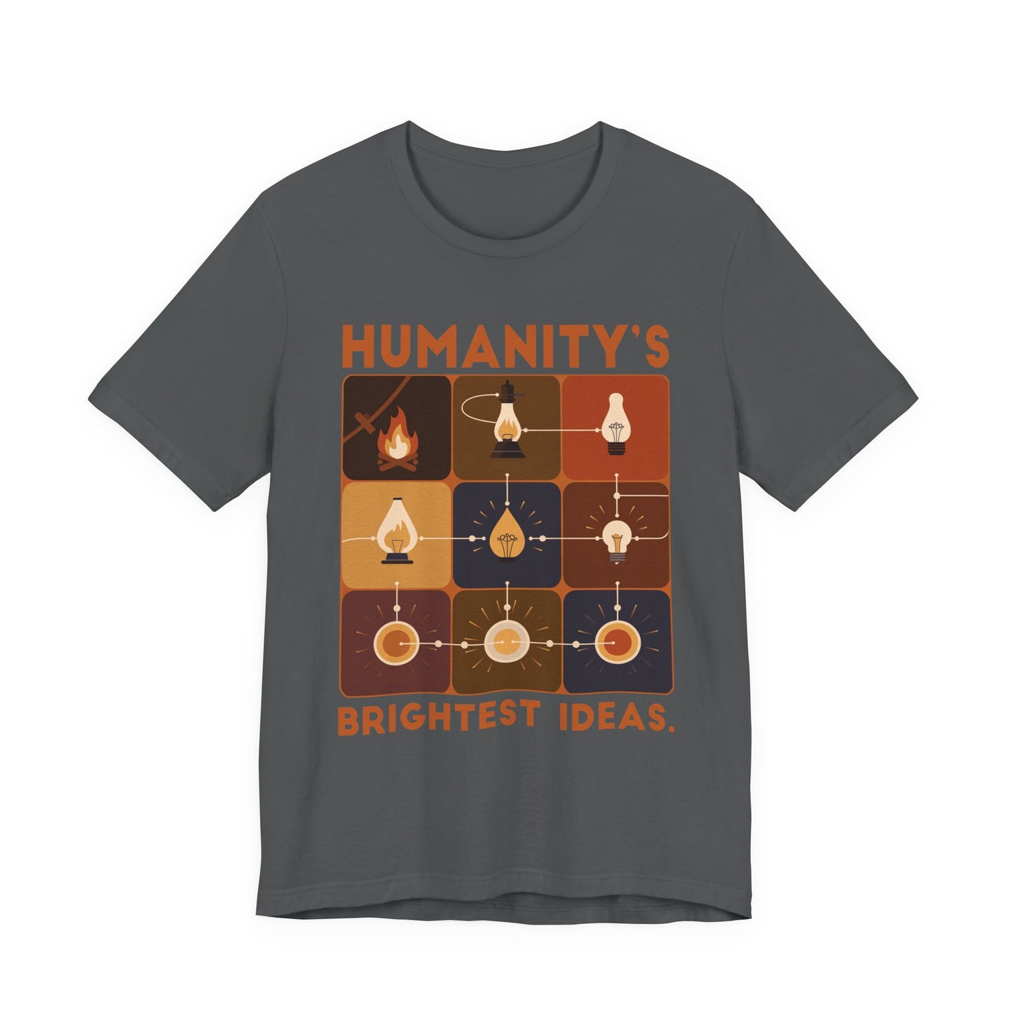 Humanity’s Bright Ideas Tshirt – Evolution from Fire to Fiber Optics Graphic