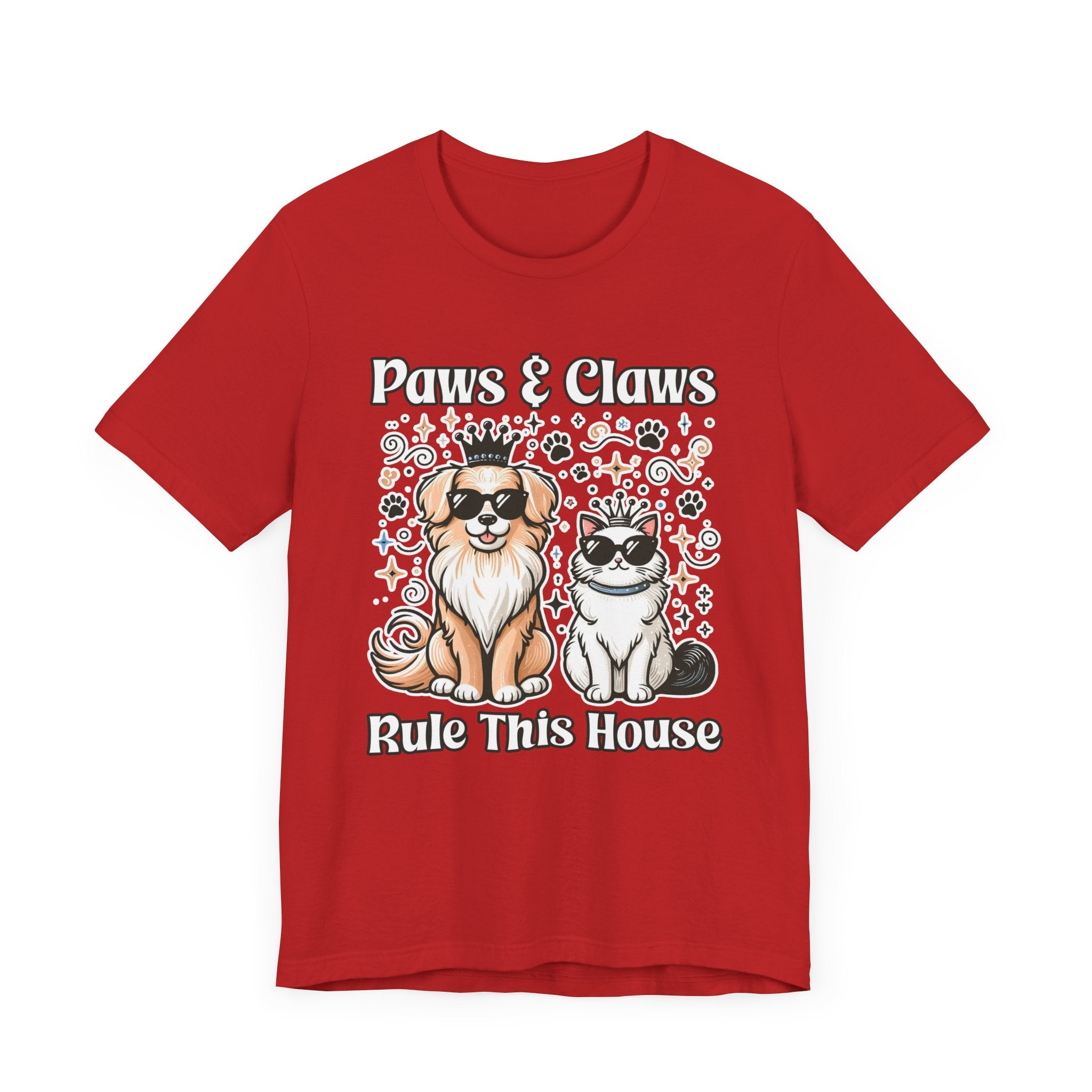 Paws and Claws Rule the House | Smiling Dog & Cat with Paw Shapes T-Shirt