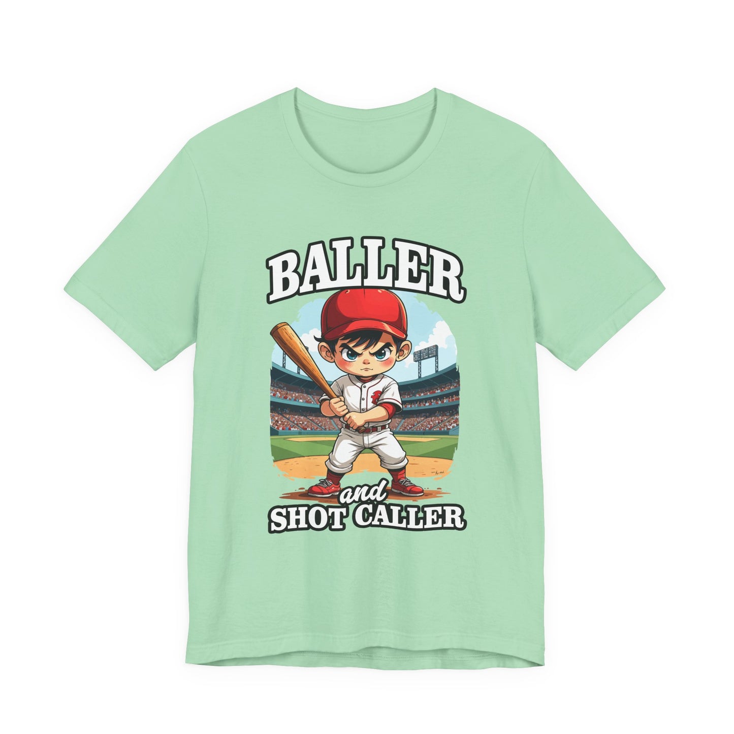 Baller And Short Caller Tshirt young baseball player standing confidently on the pitch
