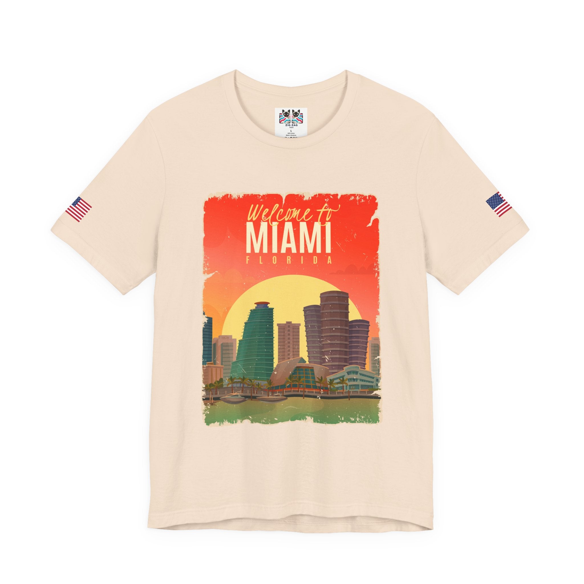 Welcome to Miami Florida T-Shirt – Vintage Retro Skyline Sunset Poster Graphic Tee