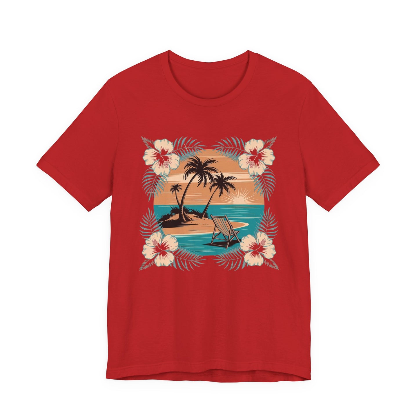 Tropical Escape – Beach Island Sunset with Floral Border Graphic T-Shirt