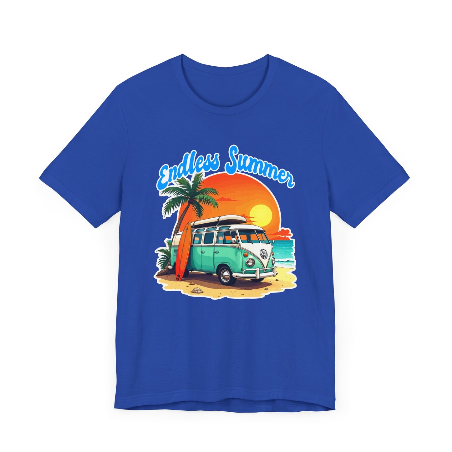 Endless Summer Beach Van with Surfboard and Palm Tree Sunset Graphic T-Shirt
