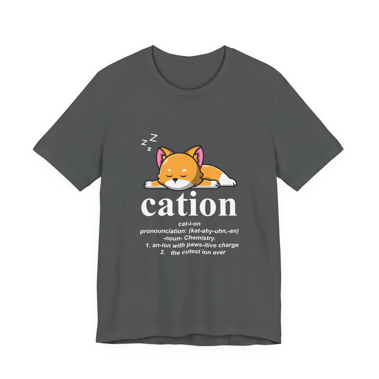 Caution Cat-i-on Tshirt – Lazy Sleepy Cat Chemistry Pun