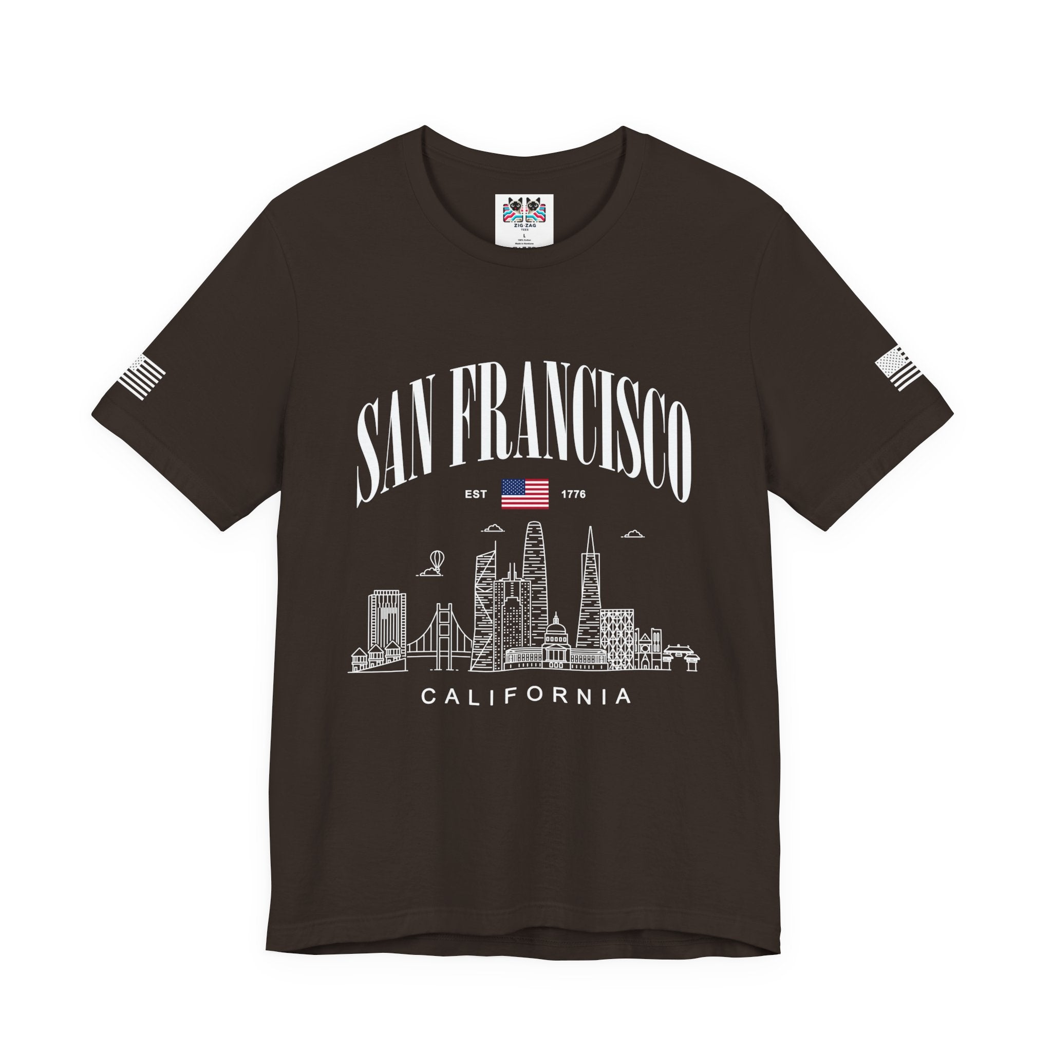 San Francisco California T-Shirt, EST 1776 Arch Skyline Tee, Bay Area Patriotic Shirt, SF Souvenir Gift, Unisex USA Flag Sleeve Shirt