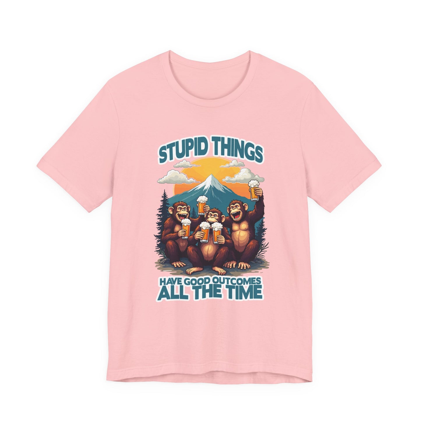 Stupid Things Have Good Outcomes Tshirt – Three Monkeys Cheers with Beer Mugs & Mountain Scene