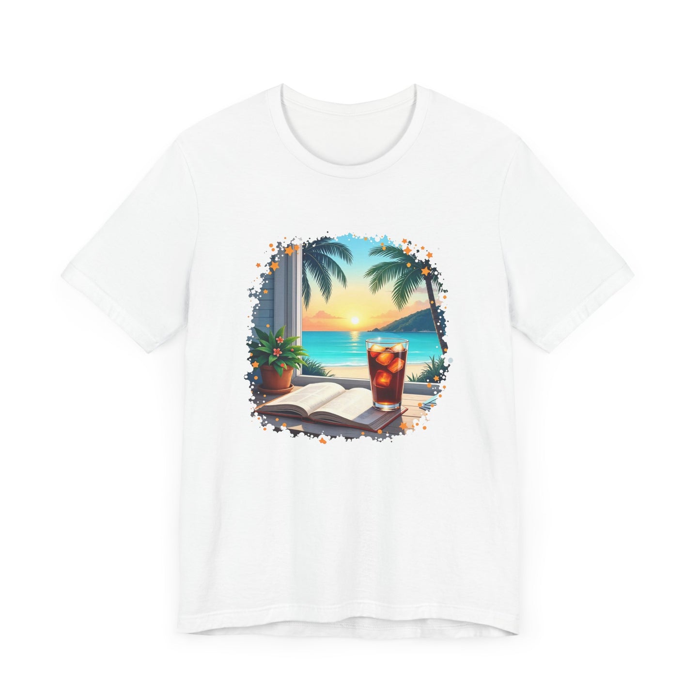 Romanticize Everything - Beachside Serenity – Table with Book, Drink & Flower Pot by Window Graphic T-Shirt
