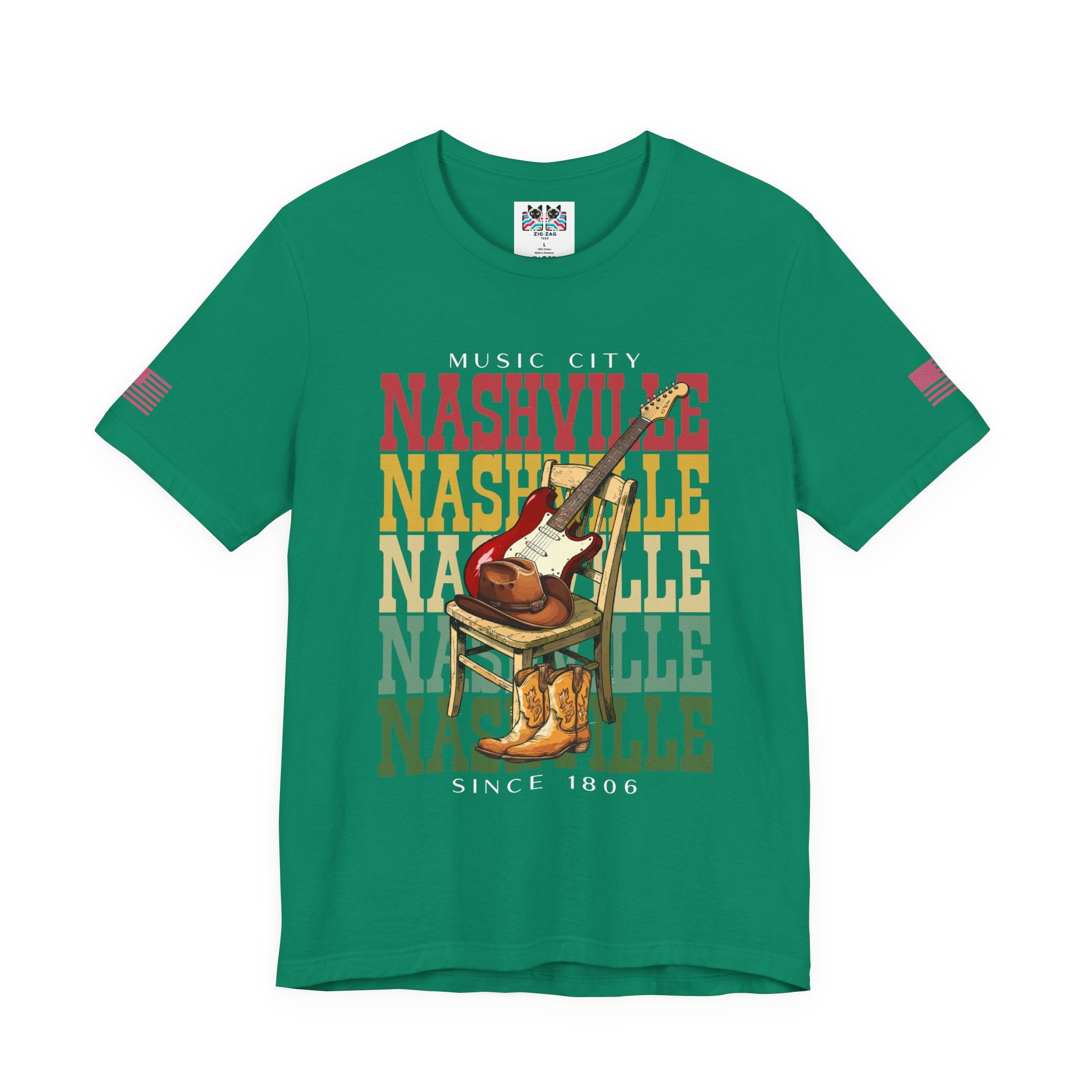Music City Nashville T-Shirt – Stacked Repeat Typography Electric Guitar Cowboy Hat & Boots Graphic Tee Since 1806