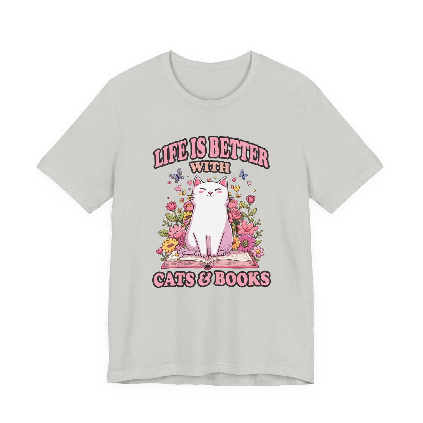 Life Is Better With Cat And Books Tshirt Cat Sitting on Open Book Flower Graphic
