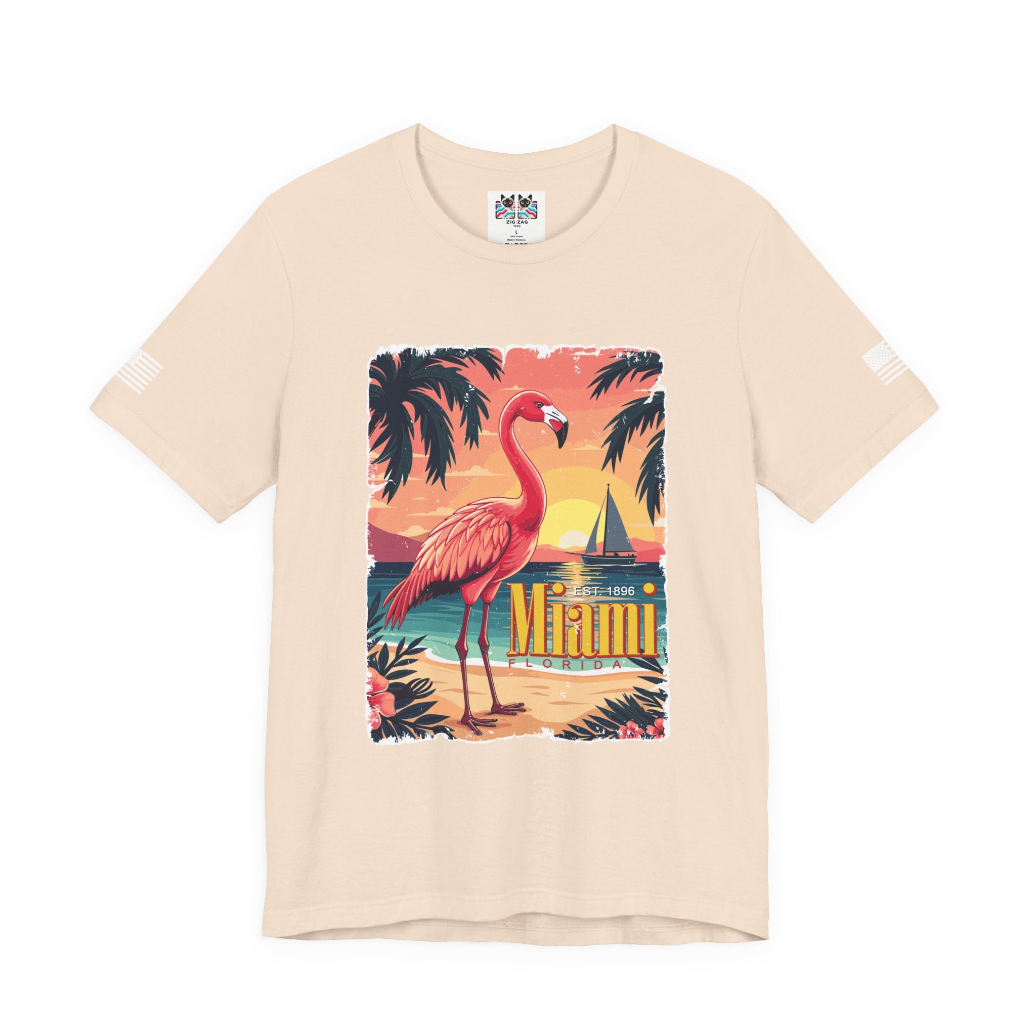 Miami Florida EST 1896 T-Shirt – Flamingo Vintage Travel Poster Beach Sunset Tee