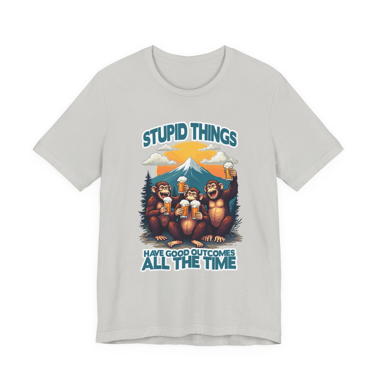 Stupid Things Have Good Outcomes Tshirt – Three Monkeys Cheers with Beer Mugs & Mountain Scene