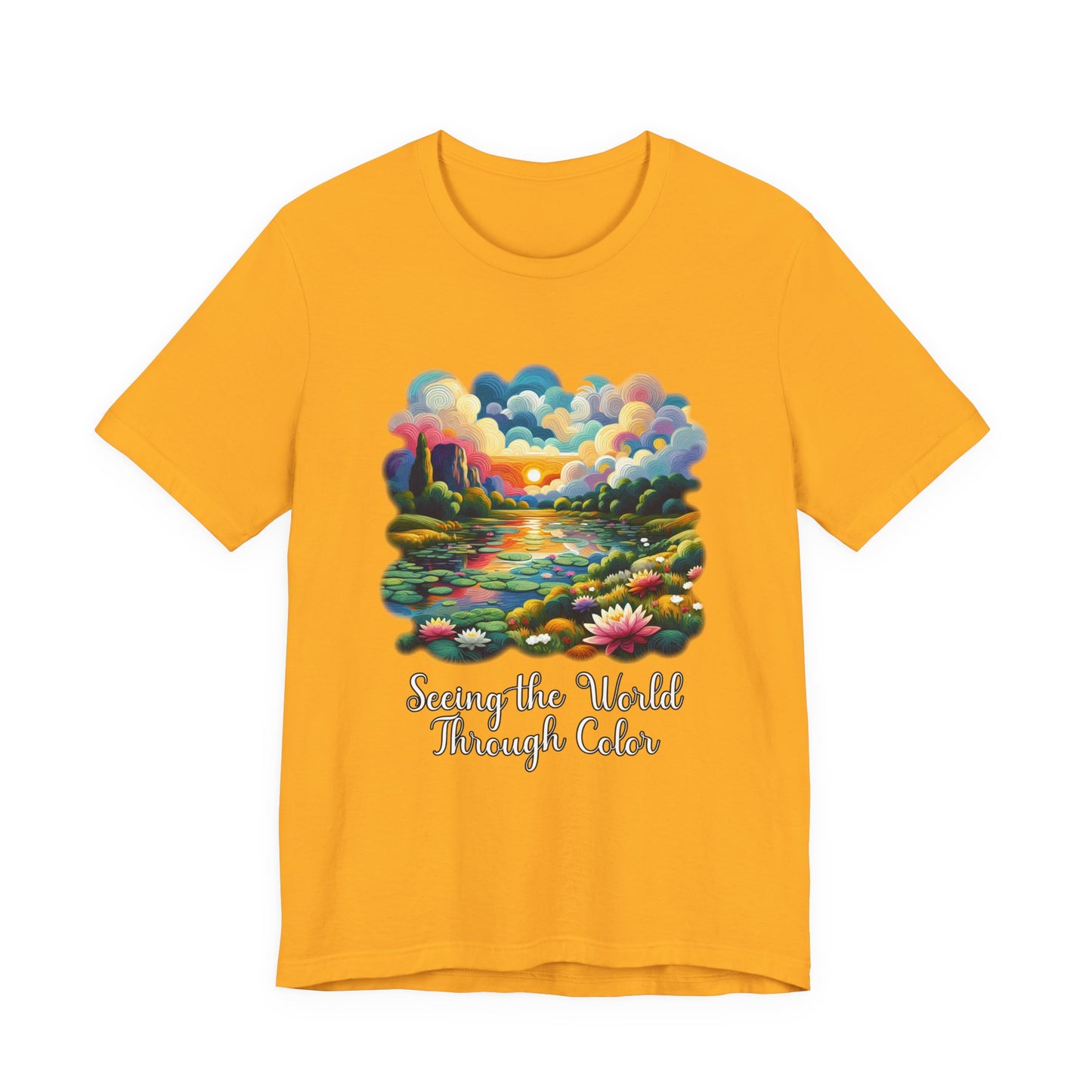 Impressionist Seeing the World Through Color Tshirt – Colorful Lotus Pond with Sunset Graphic