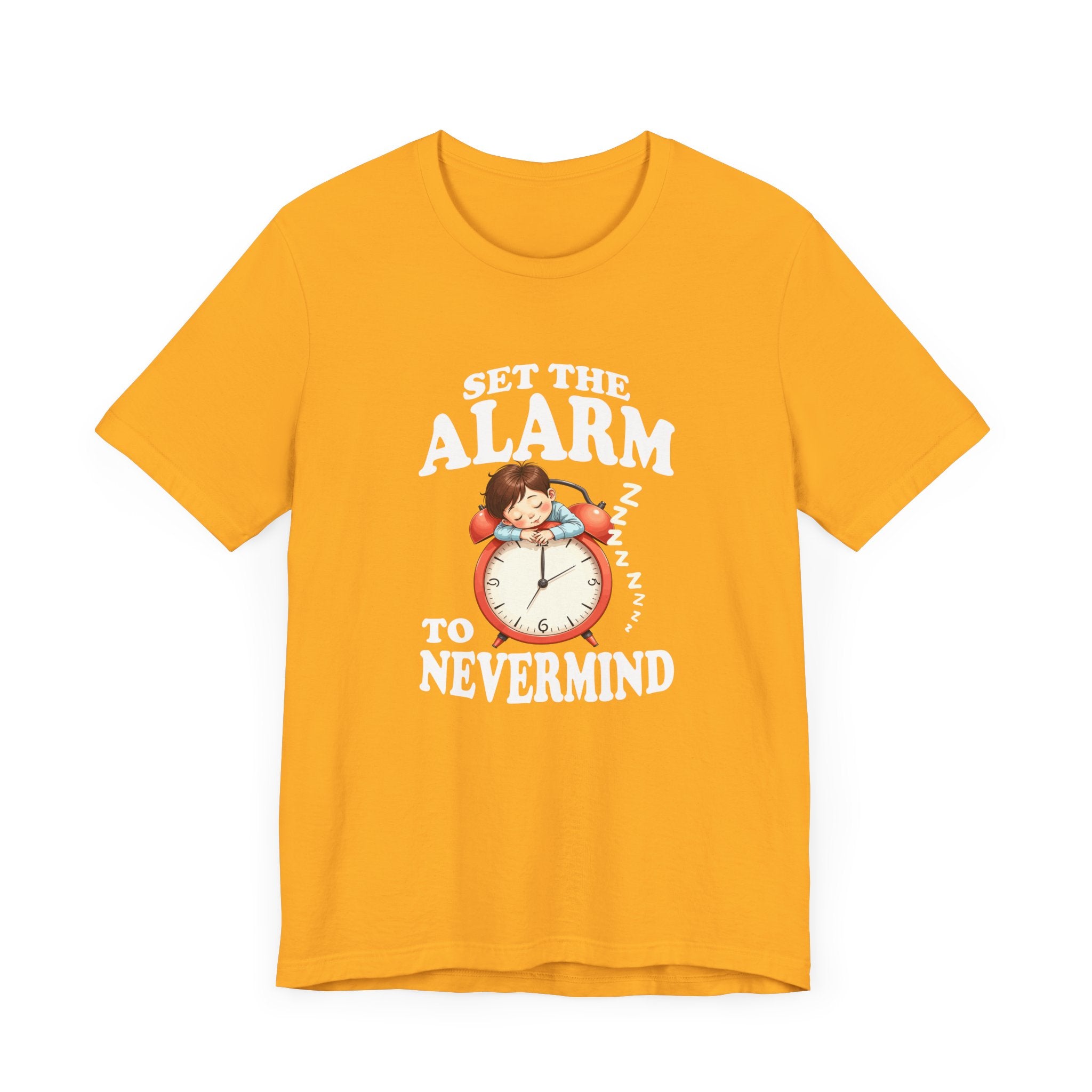 Set the Alarm to Never Mind – Sleeping Boy on Alarm Clock Graphic T-Shirt