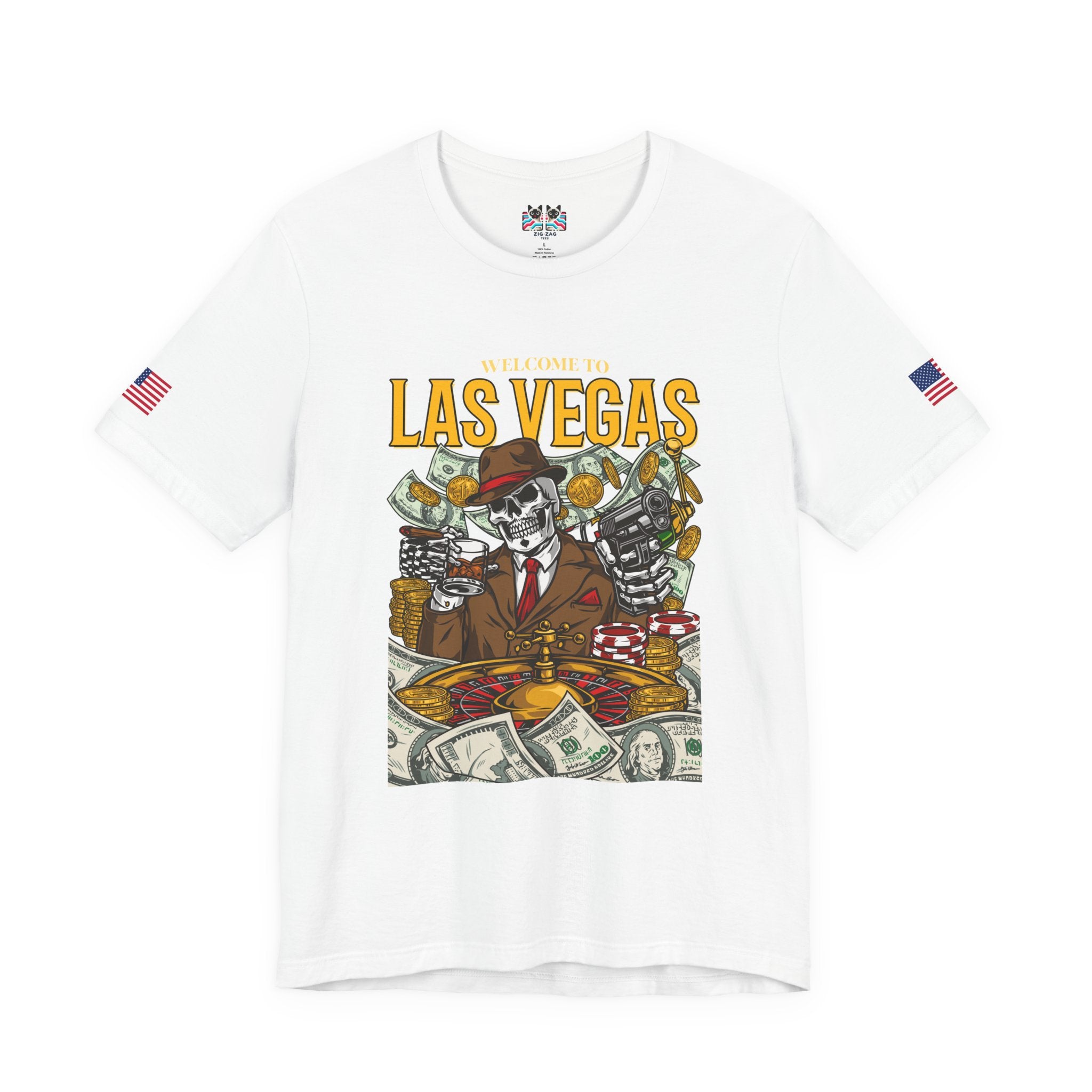 Welcome to Las Vegas Skeleton Gangster T-Shirt – Skull Casino Roulette Graphic Tee