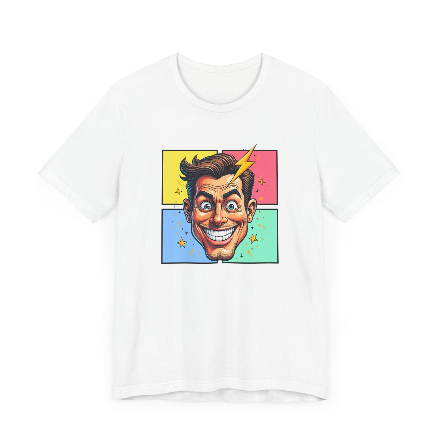 Funny Man’s Face with Lightning Forehead and Colorful Quadrant Stars Emotions Graphic T-Shirt