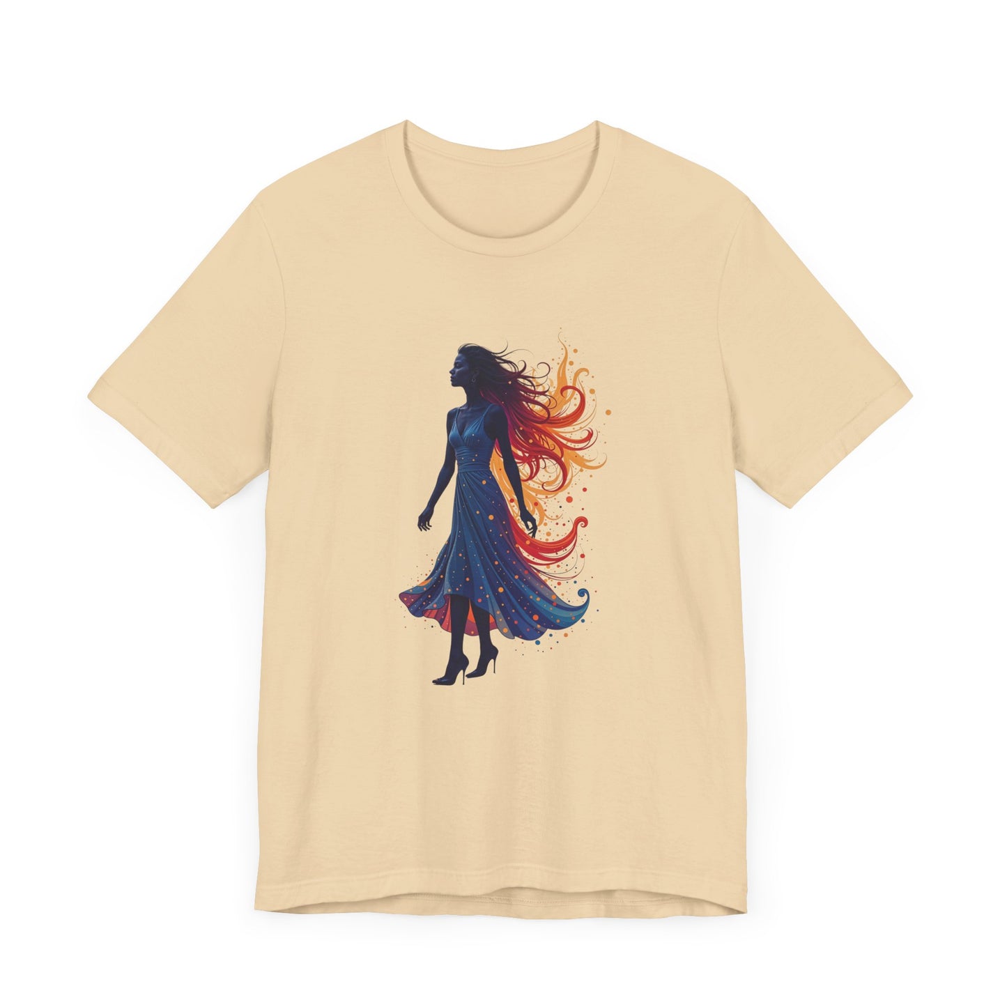 Graceful Woman with Swirling Autumn Aura – Abstract Colorful Swirl Graphic T-Shirt