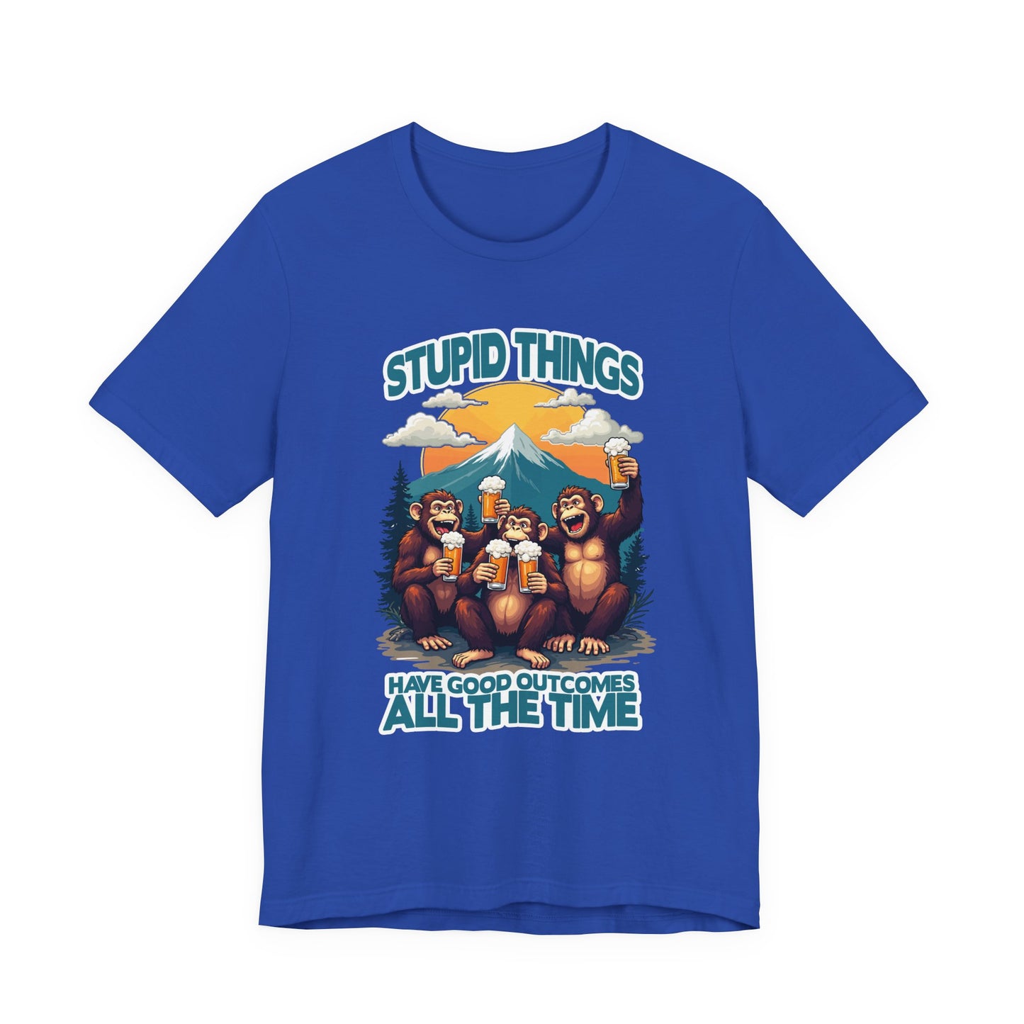 Stupid Things Have Good Outcomes Tshirt – Three Monkeys Cheers with Beer Mugs & Mountain Scene