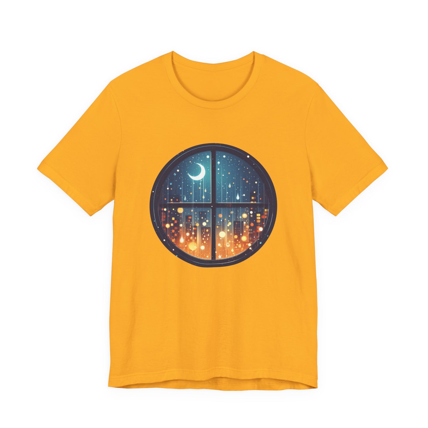 Dreaming Under Drizzles – Crescent Moon & Rainy Night in a City Window Graphic T-Shirt
