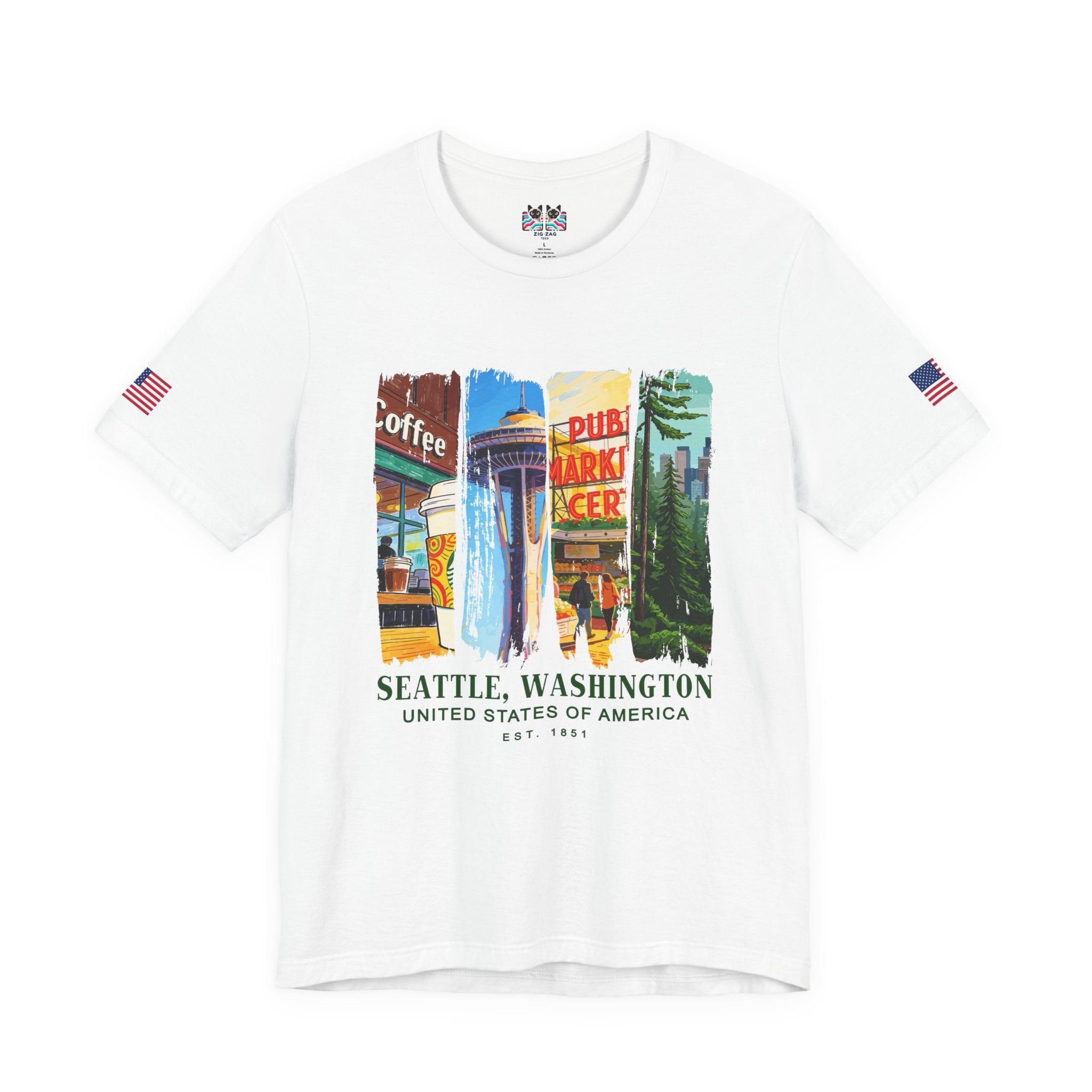 Seattle Washington Icons Collage T-Shirt | Coffee Space Needle Pike Place Market Graphic Tee | Seattle Souvenir