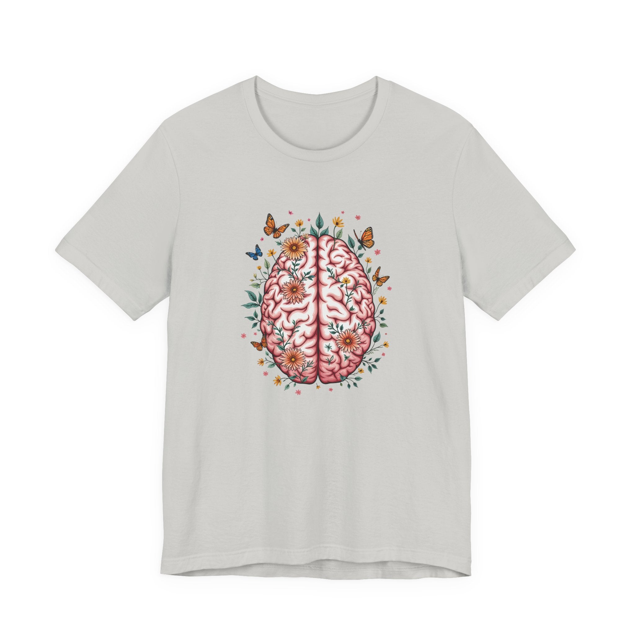 Human Brain with Flowers and Butterflies Tshirt – Artistic Floral Brain Graphic