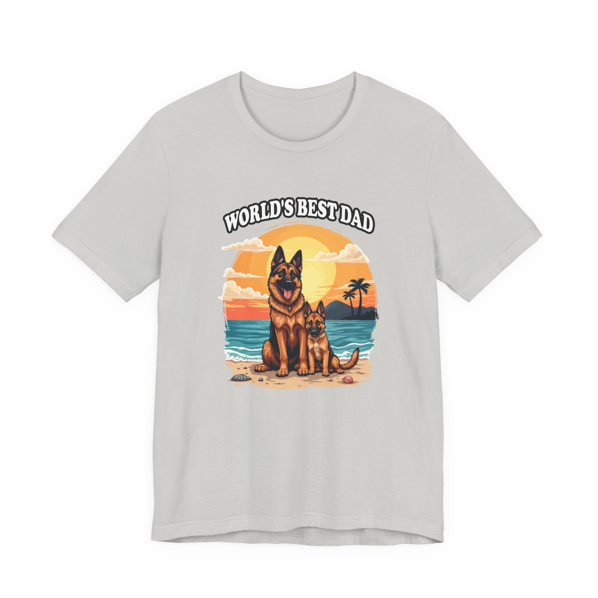 Worlds Best Dad Tshirt German Shepherd Dog Father and Puppy Beach Sunset Design