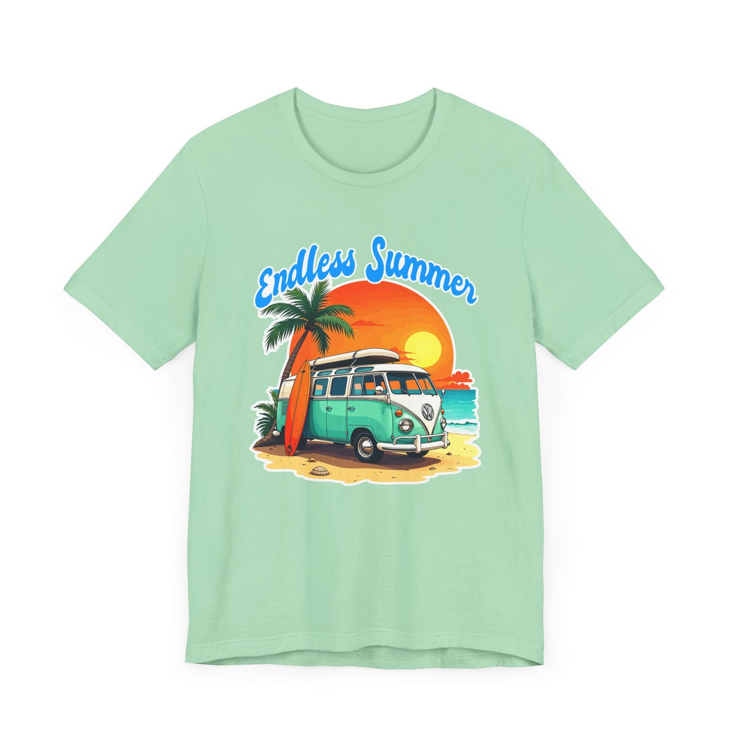 Endless Summer Beach Van with Surfboard and Palm Tree Sunset Graphic T-Shirt
