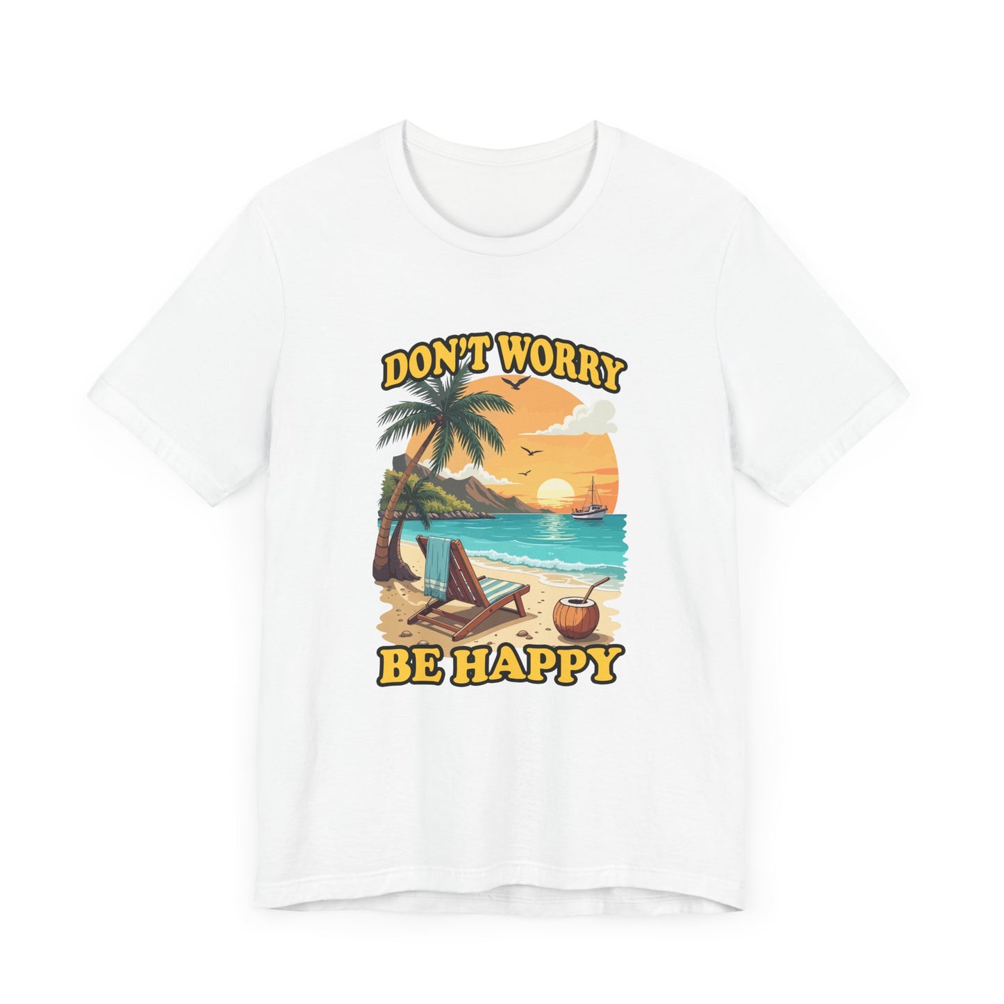 Don’t Worry Be Happy T-Shirt – Retro Beach Sunset Graphic Tee