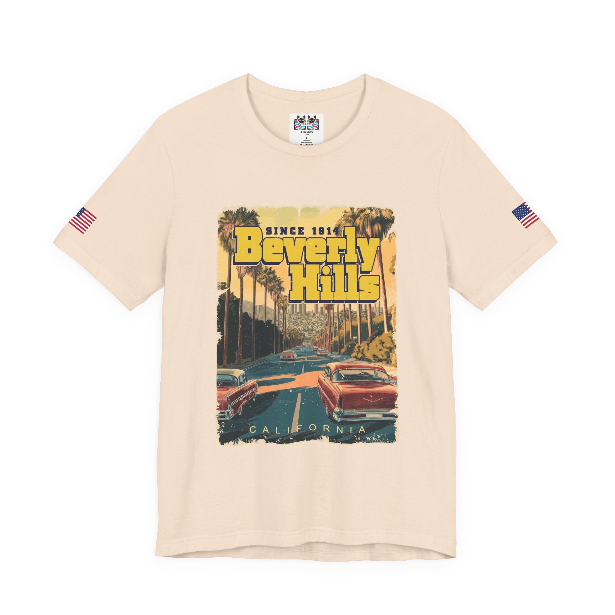Beverly Hills Since 1914 California T-Shirt – Classic Cars Palm Boulevard Retro Graphic Tee