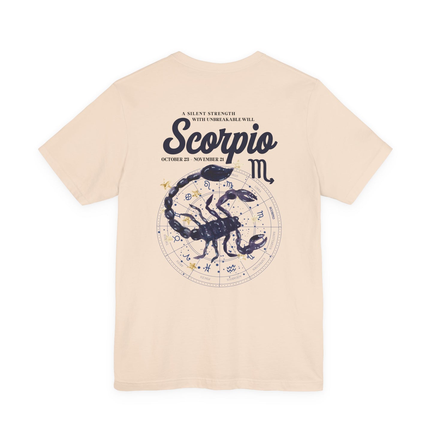 Scorpio Silent Strength T-Shirt – Scorpion with Zodiac Calendar Background