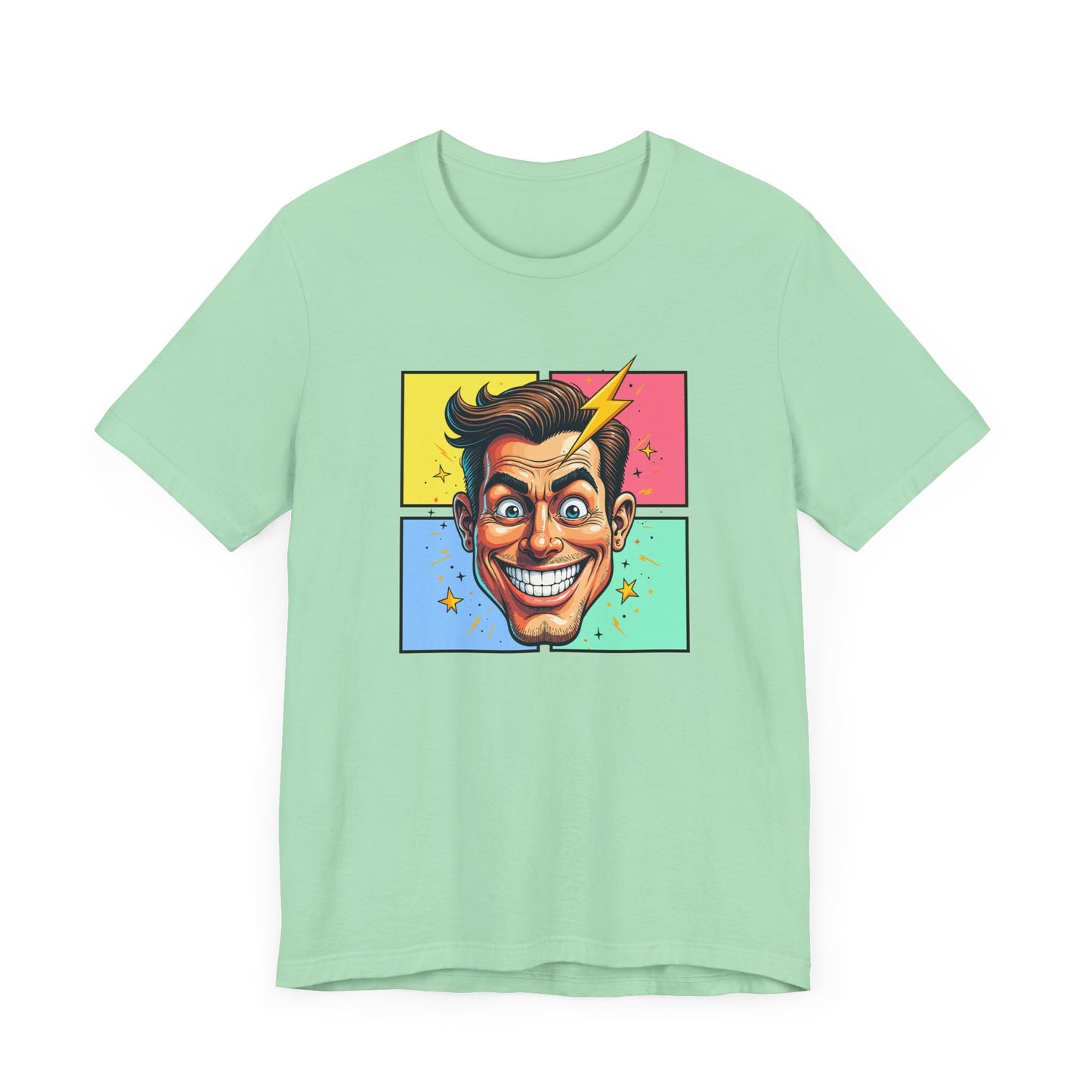 Funny Man’s Face with Lightning Forehead and Colorful Quadrant Stars Emotions Graphic T-Shirt