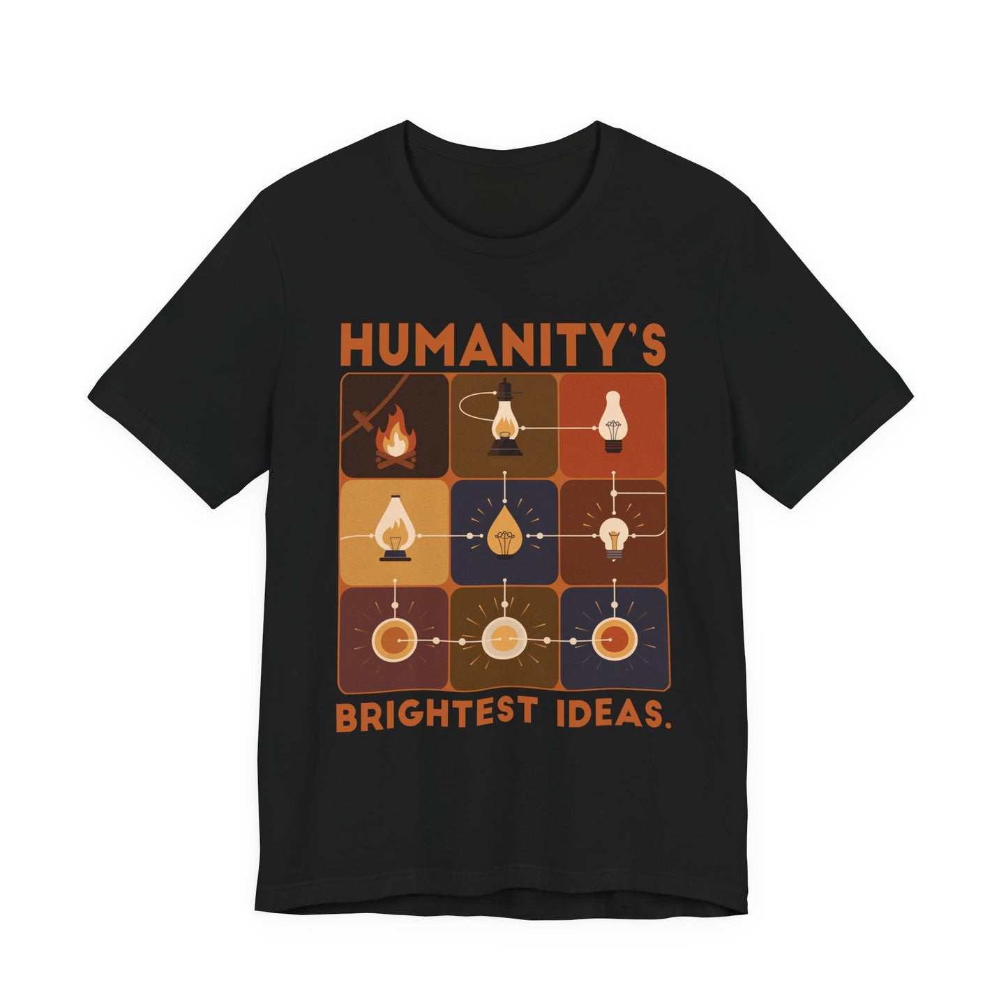 Humanity’s Bright Ideas Tshirt – Evolution from Fire to Fiber Optics Graphic
