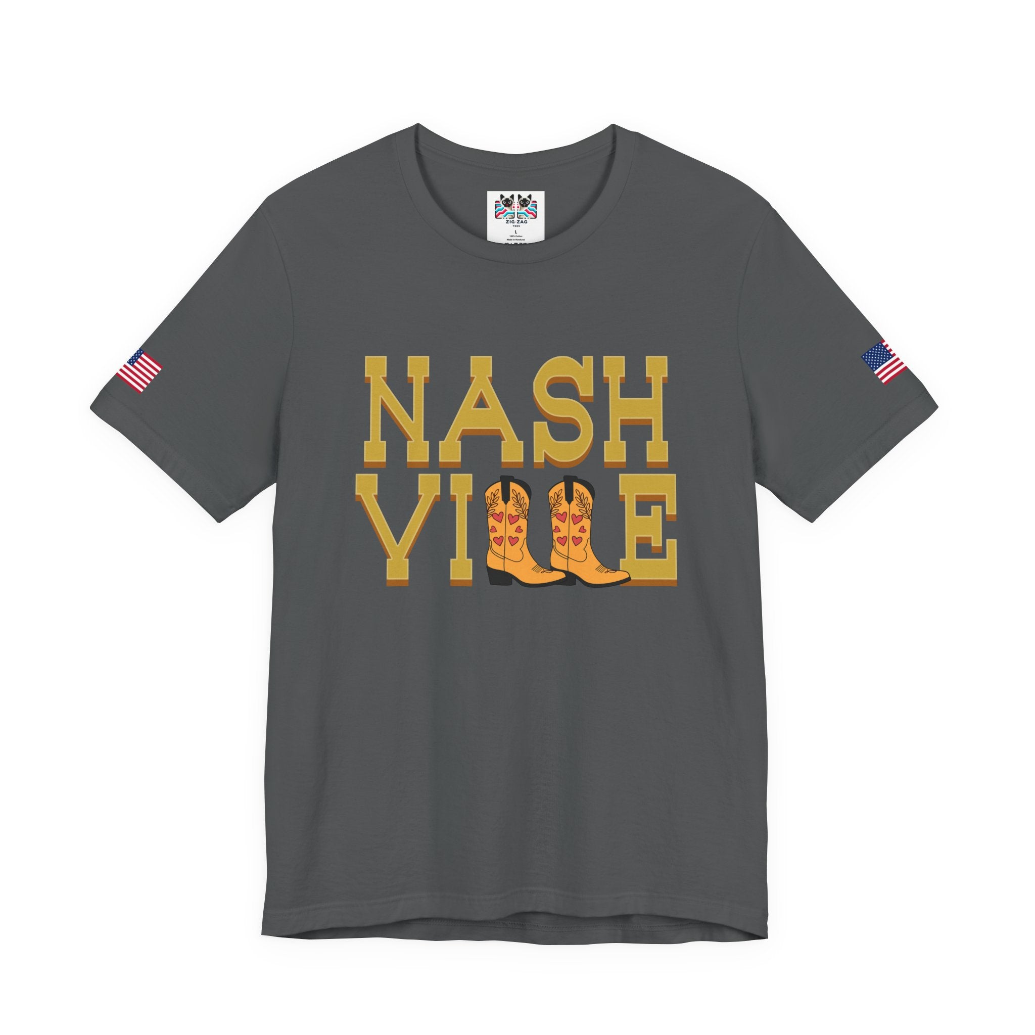 Nashville T-Shirt – Bold Gold Block Letter Cowboy Boots Graphic Tee