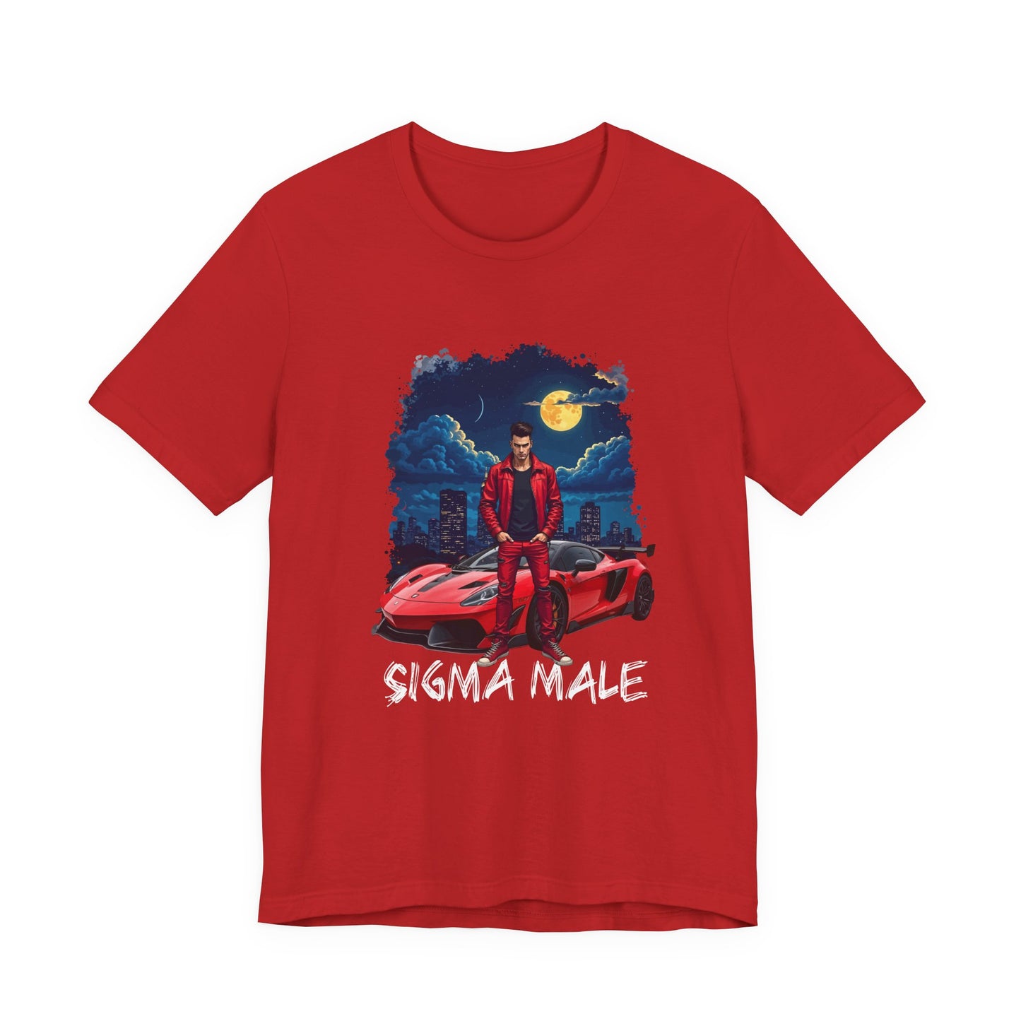 SIGMA MALE – Man in Red Jacket with Racing Car and Full Moon Graphic T-Shirt
