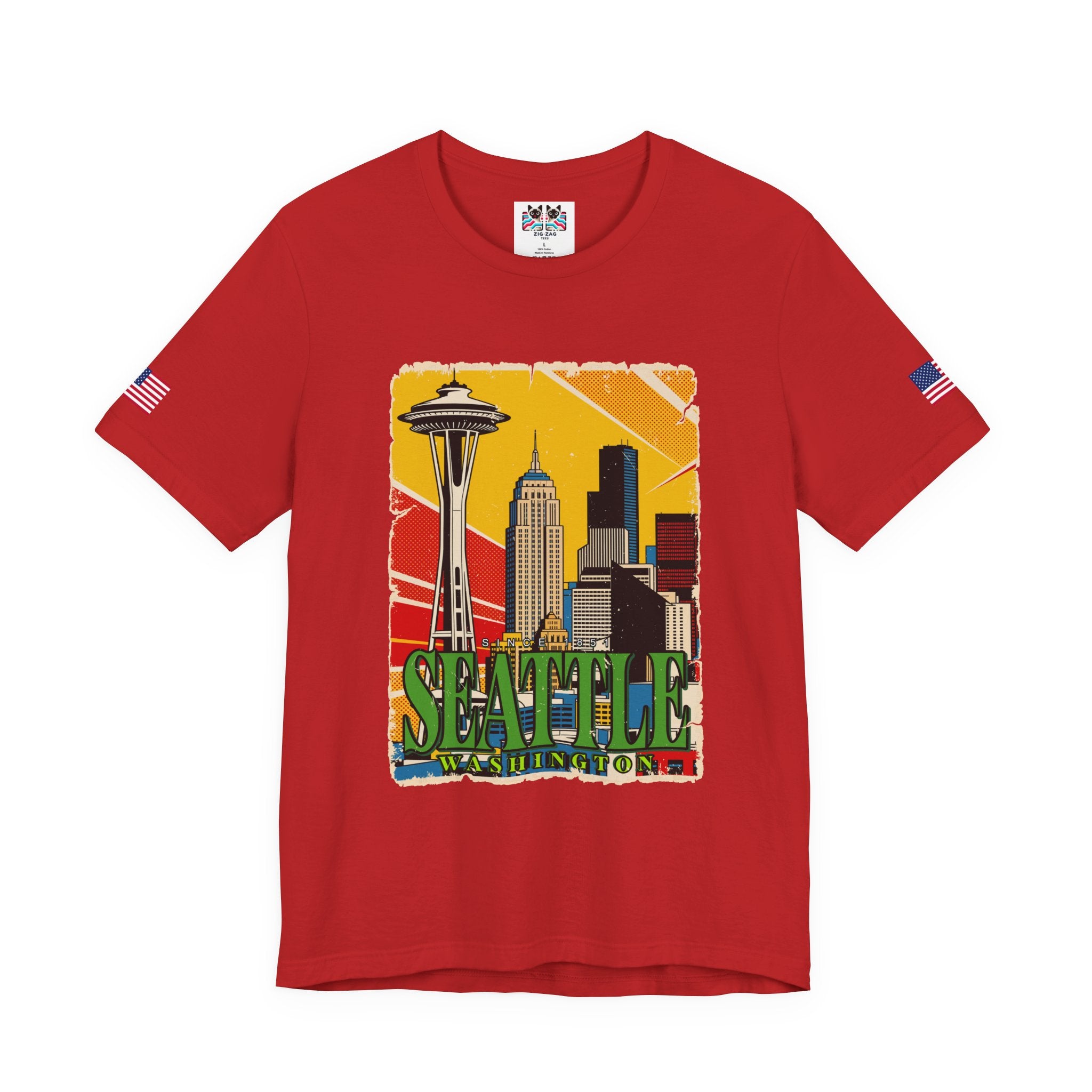 Seattle Washington Retro Pop Art Skyline T-Shirt | Space Needle Comic Style Graphic Tee | Seattle Souvenir Shirt