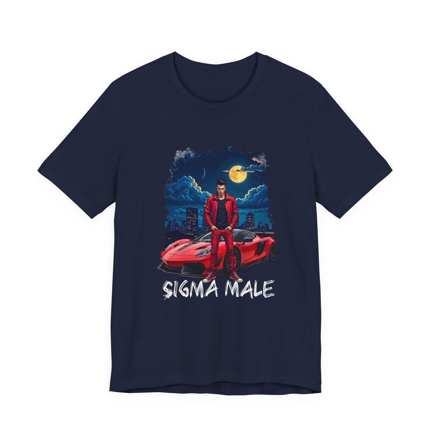SIGMA MALE – Man in Red Jacket with Racing Car and Full Moon Graphic T-Shirt