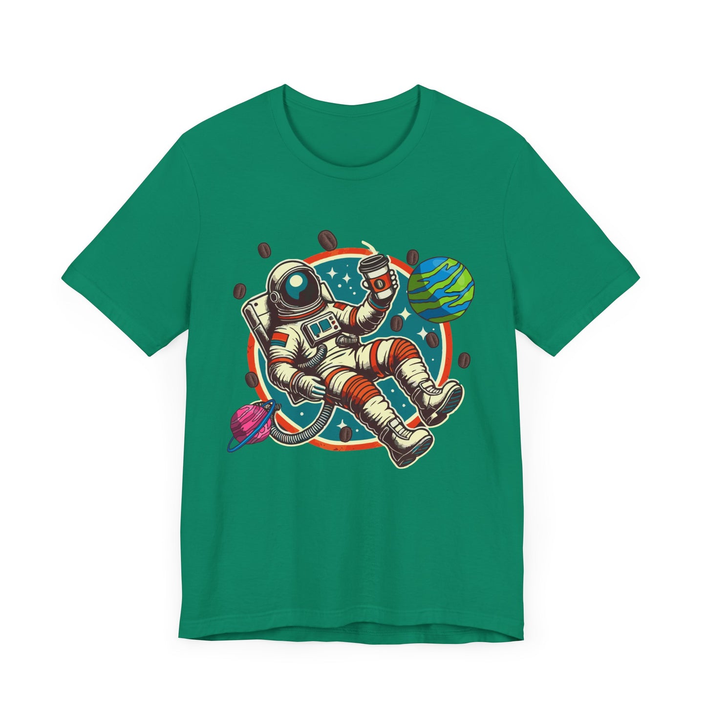 Space Coffee Break | Astronaut Floating with Coffee Cup & Planets Graphic T-Shirt