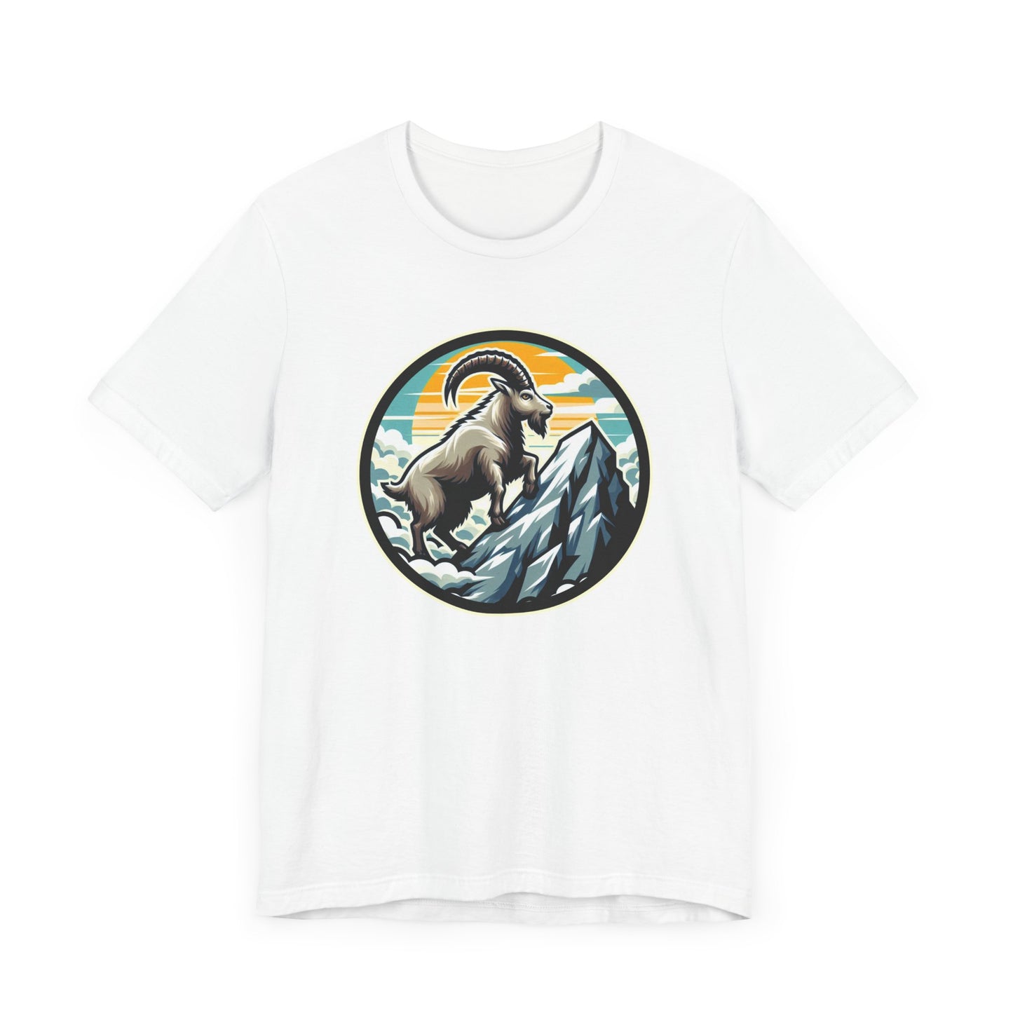Majestic Mountain Goat on Summit with Sun and Clouds Graphic T-Shirt