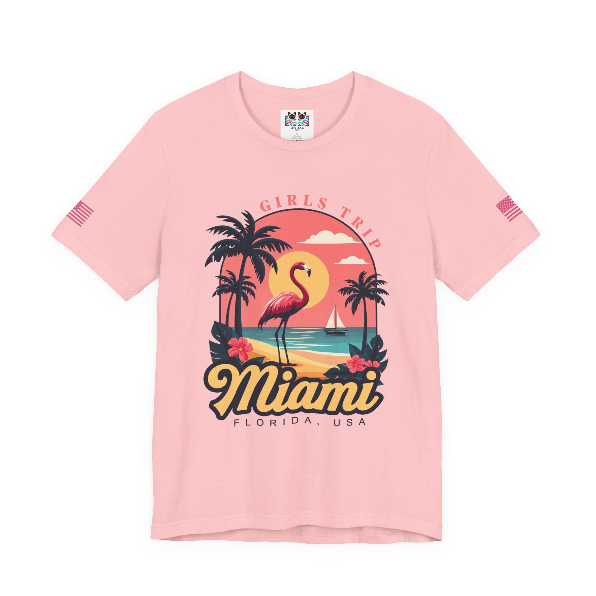 Miami Girls Trip Florida USA T-Shirt – Flamingo Sunset Palm Tree Beach Graphic Tee